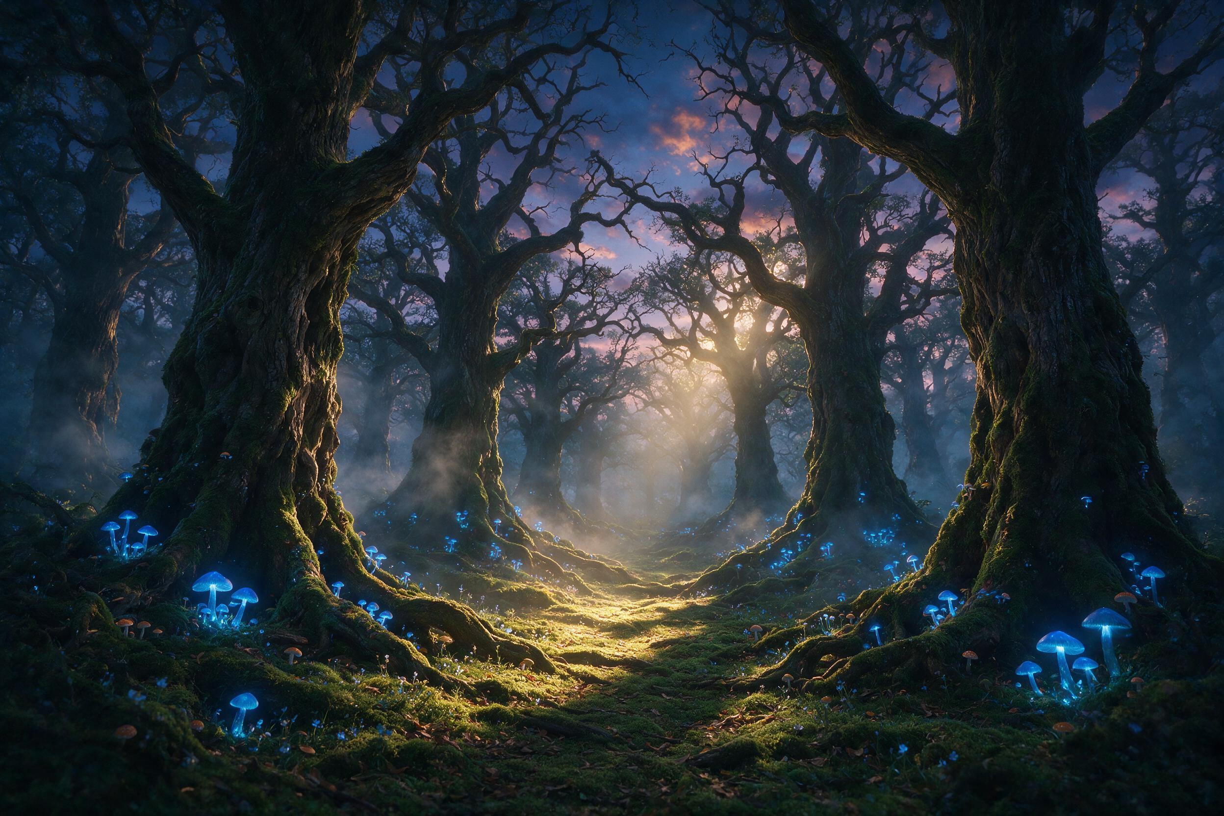 A luminous forest at twilight, towering ancient trees with glowing blue mushrooms at their roots, soft mist swirling between twisted branches, a single beam of golden sunlight piercing through the canopy, casting long shadows, shallow depth of field, ethereal atmosphere