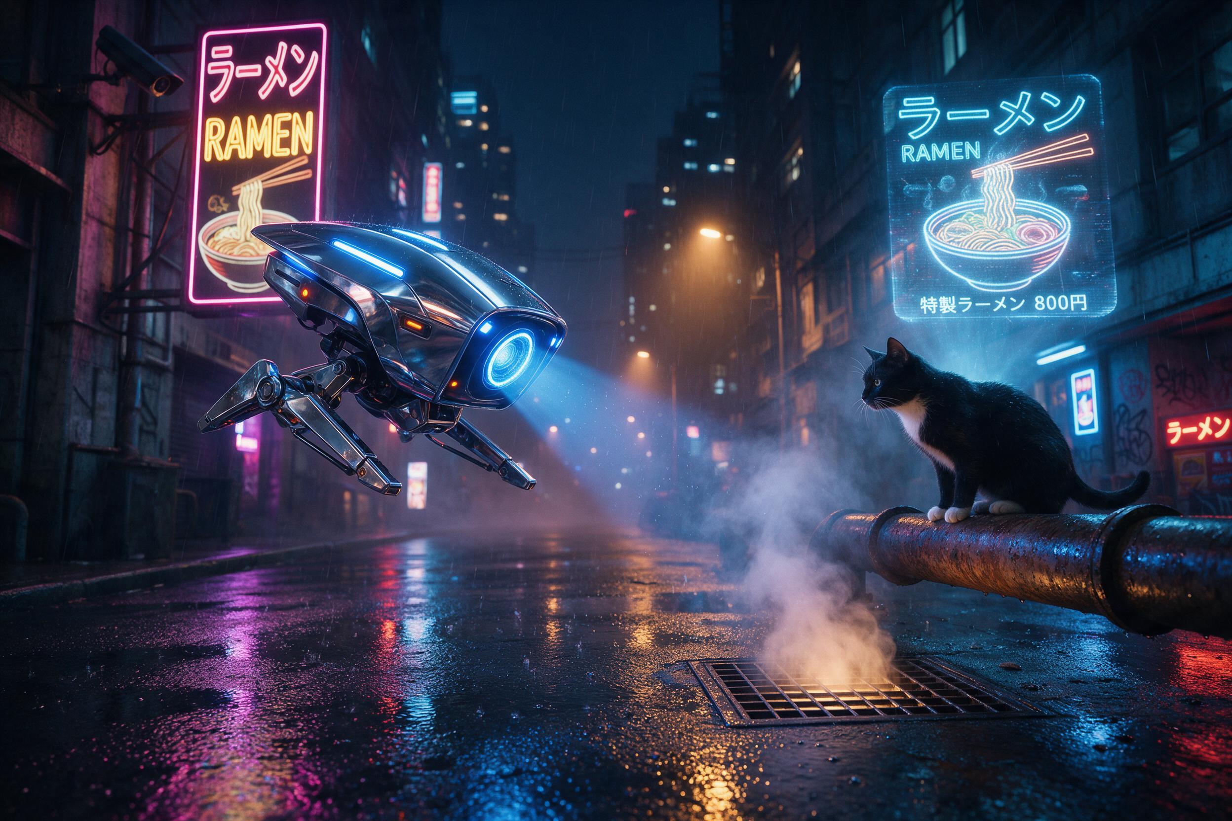 In a neon-lit cyberpunk alley, rain-slicked pavement reflects holographic ramen shop signs. A sleek chrome drone hovers, its blue LED eye scanning a cat perched on a rusty pipe. Mist curls from a steaming vent, backlit by amber streetlights. Slight motion blur from the drizzle.