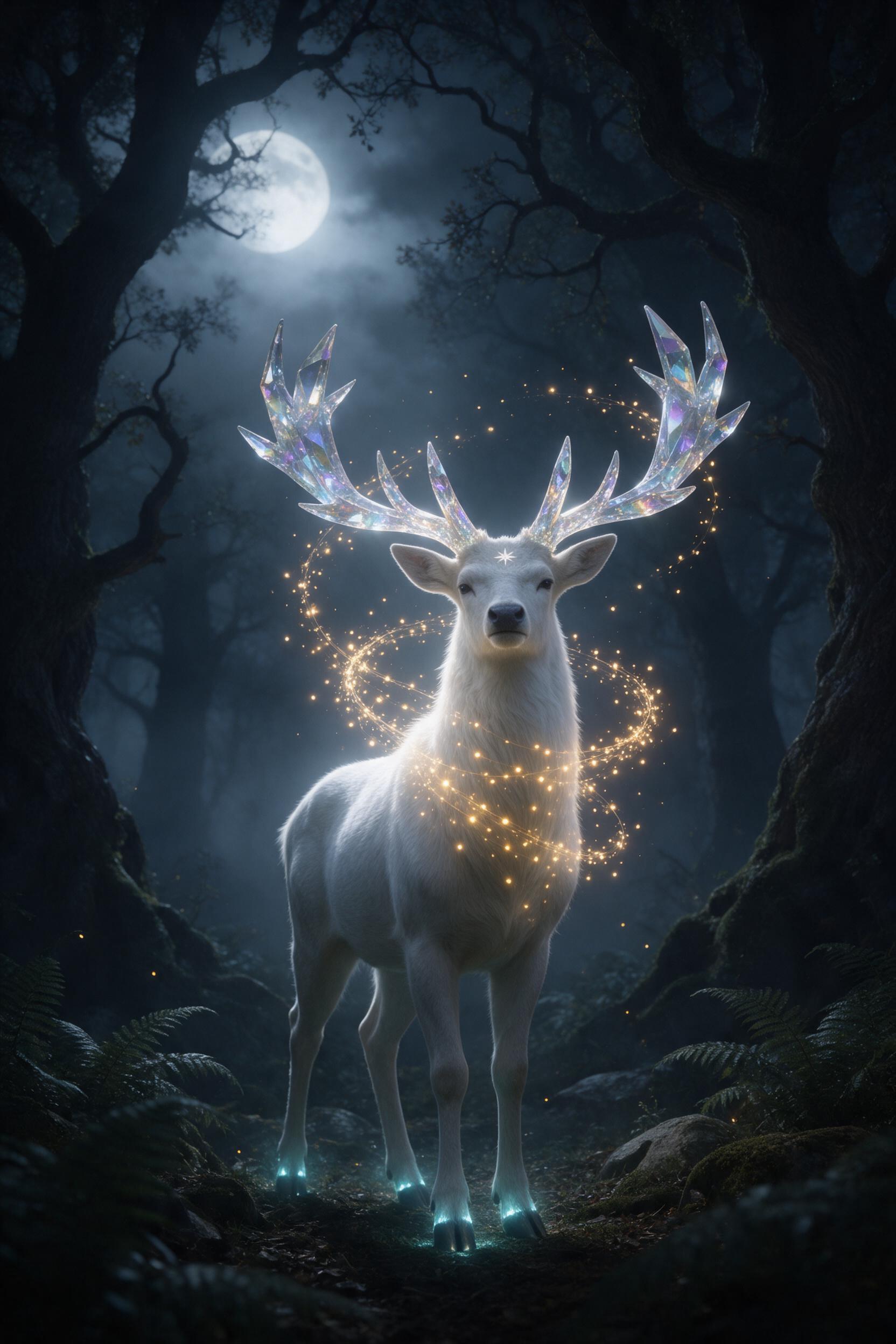 A colossal, glowing white stag with antlers of iridescent crystal stands in a misty moonlit forest, its hooves emitting soft teal light. Ferns and ancient oaks blurred in darkness, a spiral of golden fireflies encircling its neck. Silhouette composition, shallow depth of field, cinematic rim lightin
