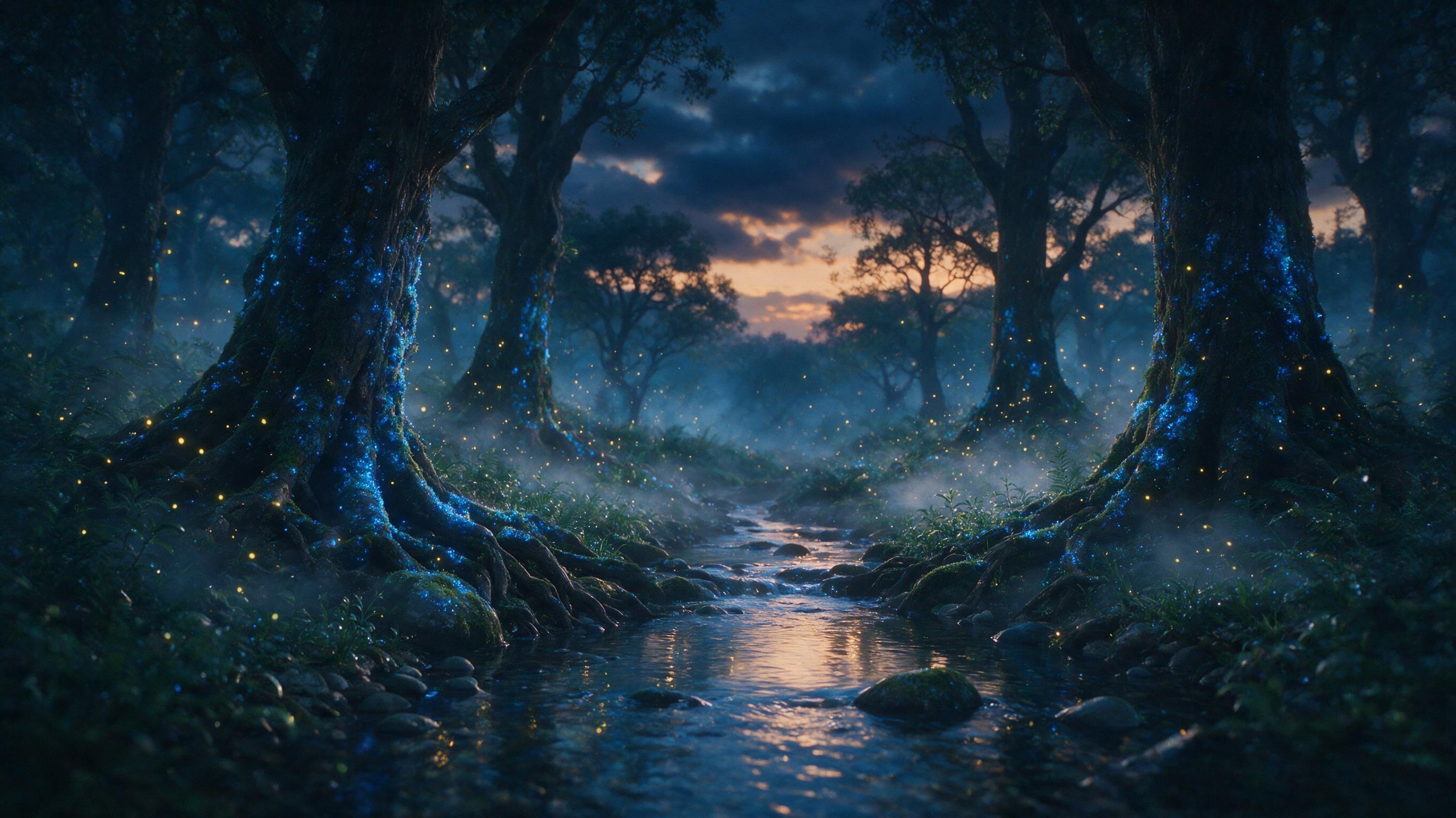 A luminous forest at twilight, ancient trees with glowing blue moss, fireflies drifting like tiny stars, a winding stream reflecting the ethereal light, soft mist rising from the ground, cinematic composition with a shallow depth of field, warm amber tones contrasting with cool blues, natural grain 