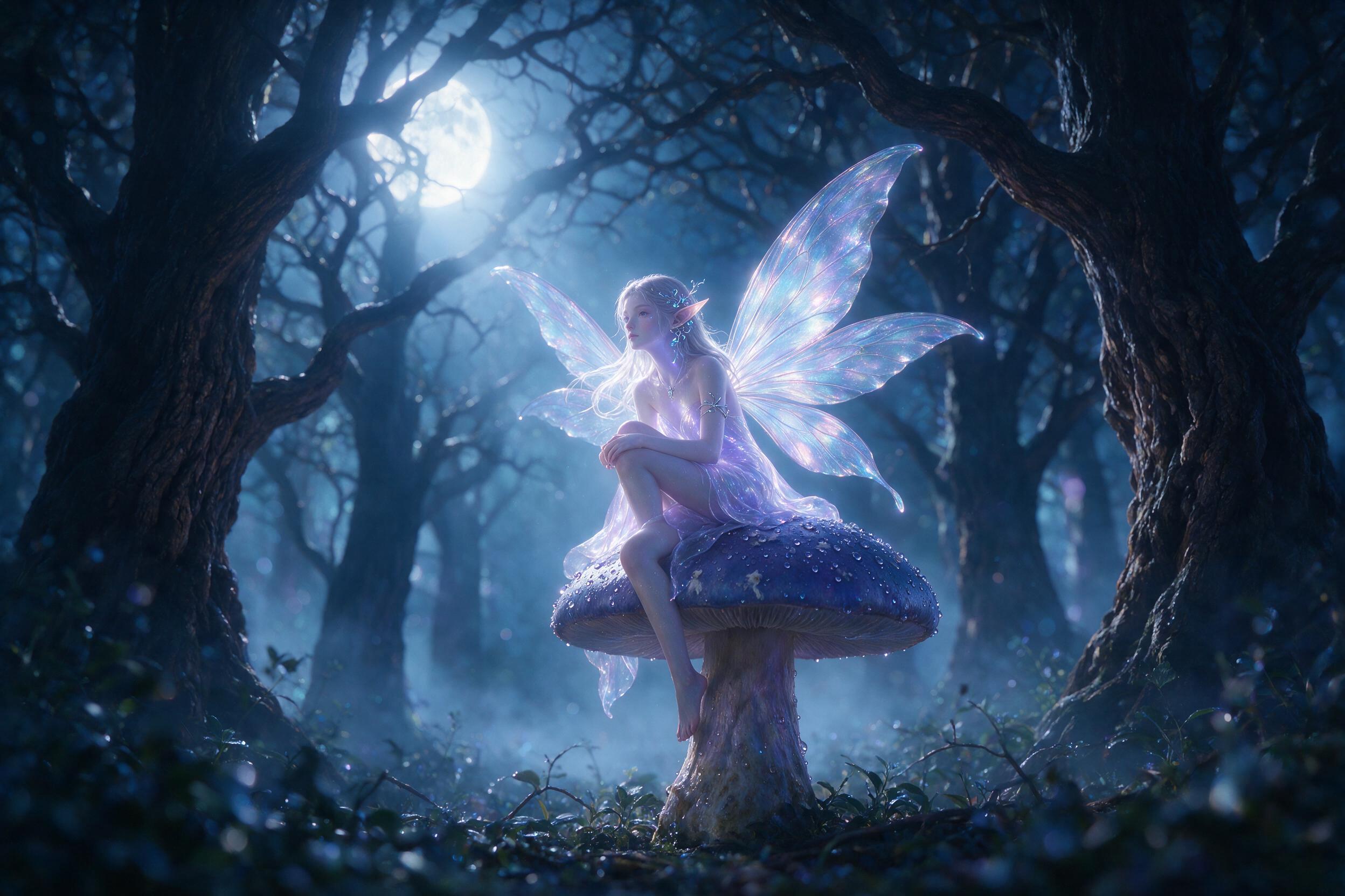 A glowing, translucent fairy with iridescent wings sits on a dew-covered mushroom in a moonlit forest, soft blue and purple light filtering through ancient trees, mist rising, subtle bokeh effect, ethereal atmosphere