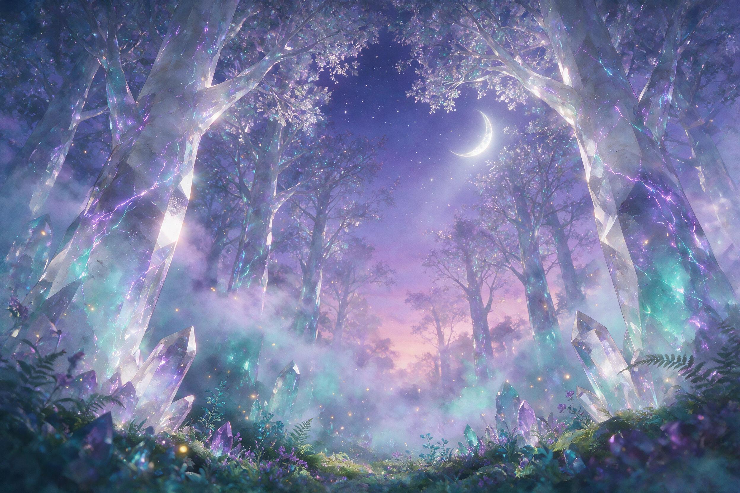 A glowing crystal forest at twilight, towering quartz trees with bioluminescent veins, soft mist between trunks, fireflies drifting, violet and teal palette, moonlit haze, low angle looking up through canopy, gentle lens flare, watercolor texture