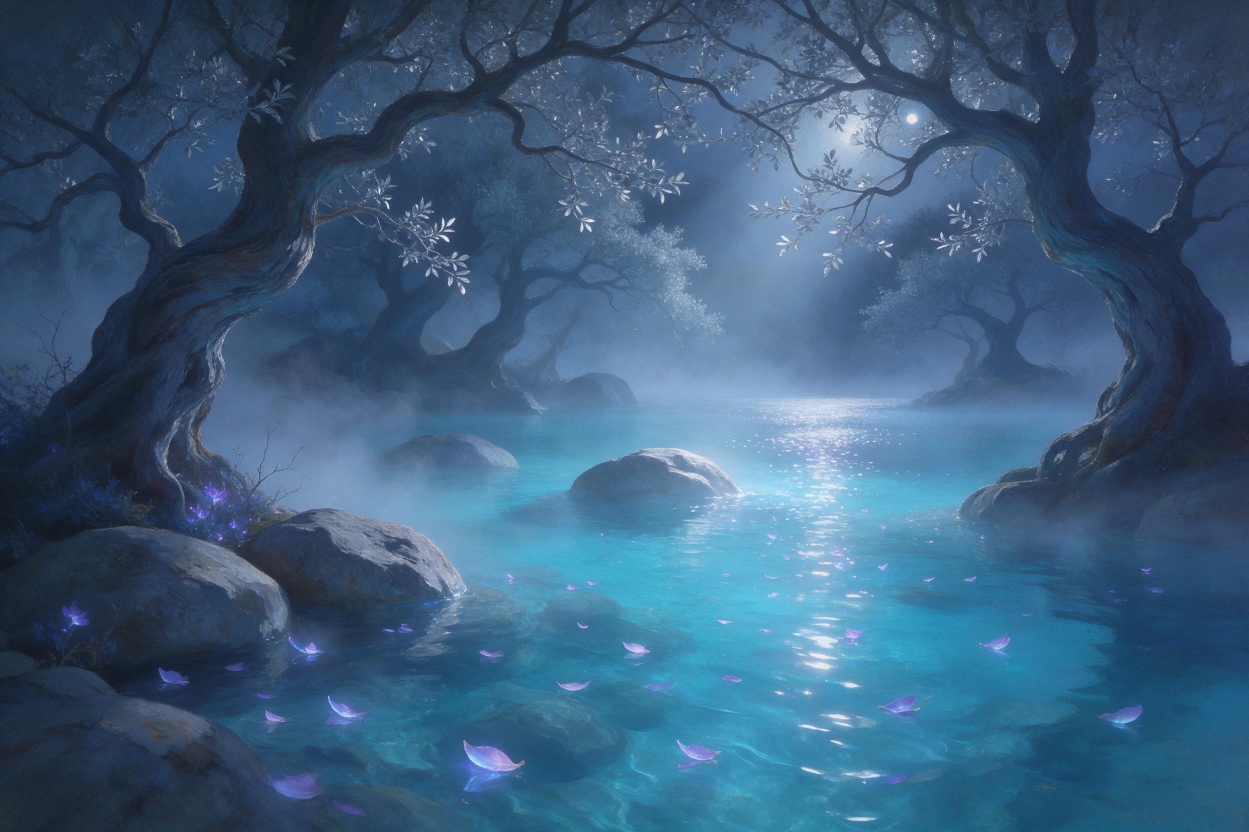A luminous crystal lake hidden in a twilight forest, glowing turquoise water reflecting floating bioluminescent petals, ancient twisted trees with silver leaves, soft mist weaving between rocks, gentle moonlight piercing the canopy, dreamy atmosphere, depth of field, painterly style with soft brushs