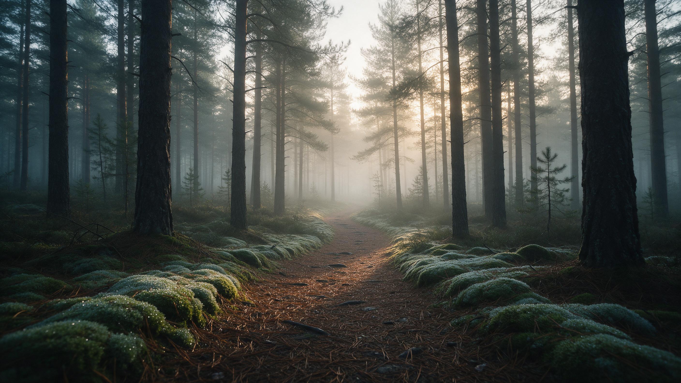 A misty coniferous forest at dawn, tall pines fading into fog, soft golden light breaking through the canopy, a narrow winding path covered in pine needles, dew on moss, natural cool tones with warm highlights, cinematic depth perspective, gentle atmospheric haze.
