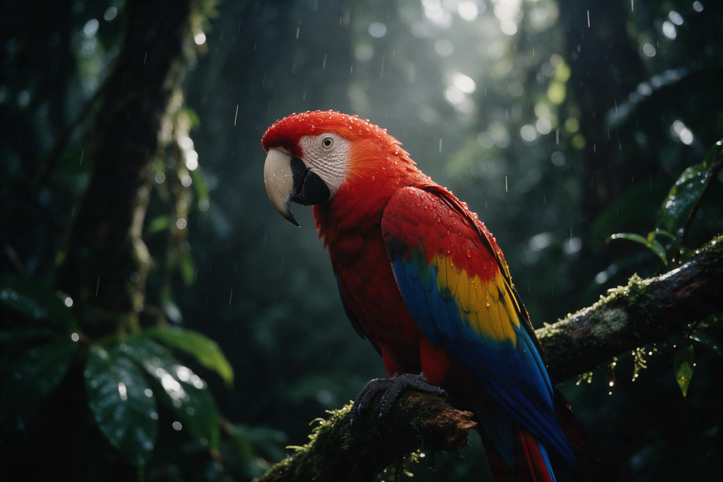A scarlet macaw perched on a mossy branch in a rainforest, raindrops on its vivid red, blue, and yellow feathers, soft diffused morning light filtering through canopy, dark blurred background, shallow depth of field, natural colors, 35mm film grain.