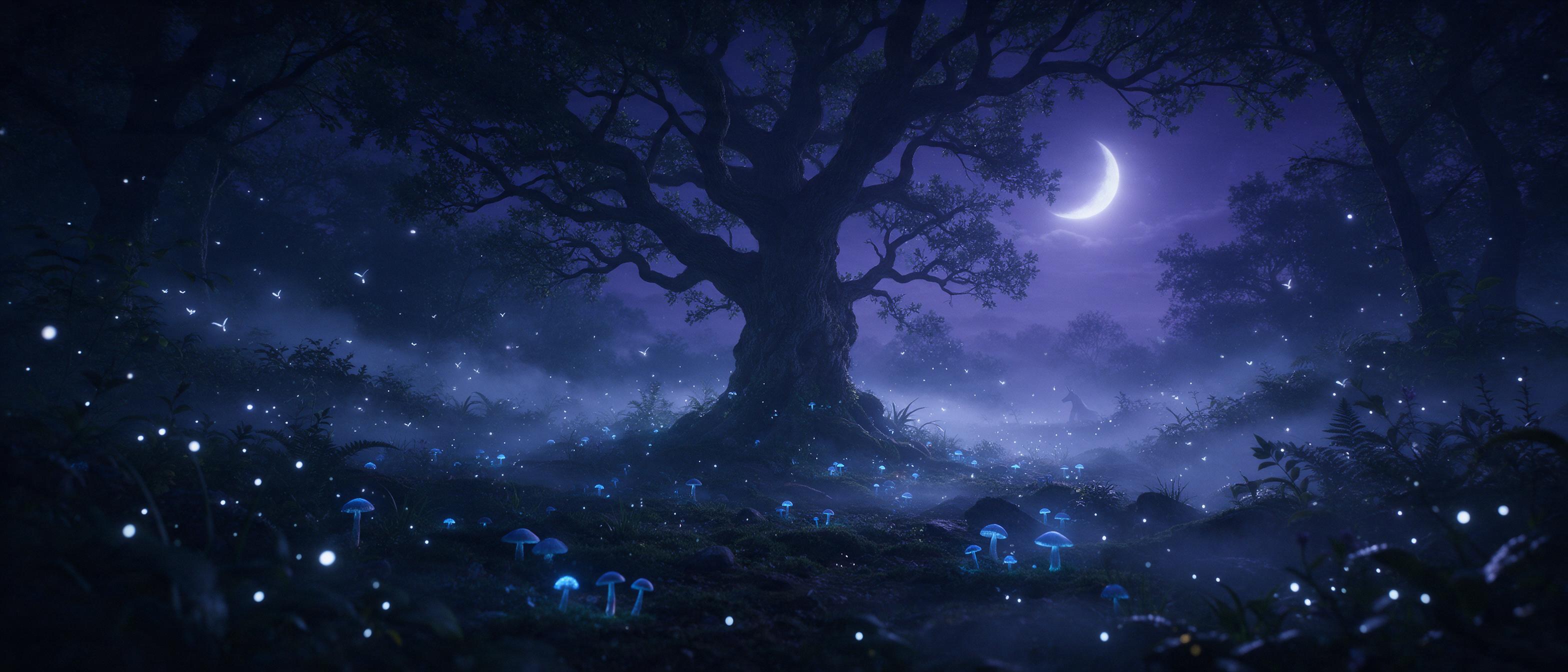 A misty moonlit glade, ancient gnarled oak at center, bioluminescent blue mushrooms scattered across mossy ground, ethereal silver fireflies weaving through air, soft fog rolling between shadows, faint silhouette of a unicorn in background, deep violet sky with glowing crescent moon, cinematic wide 