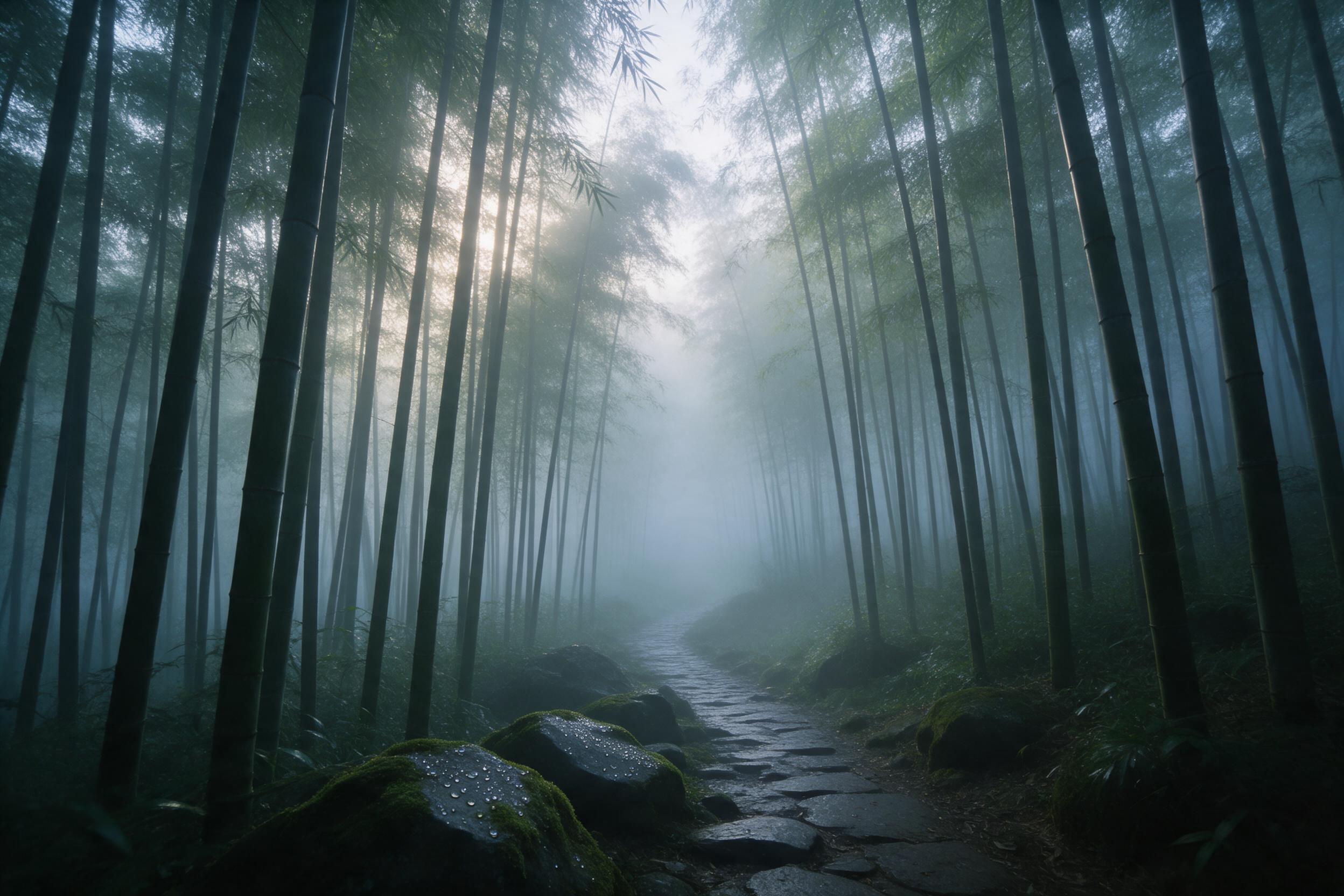 A misty bamboo forest at dawn, soft diffused light filtering through tall stalks, a narrow stone path winding into the fog, dewdrops on mossy rocks, subtle blue-green color palette, atmospheric depth, quiet and serene mood.