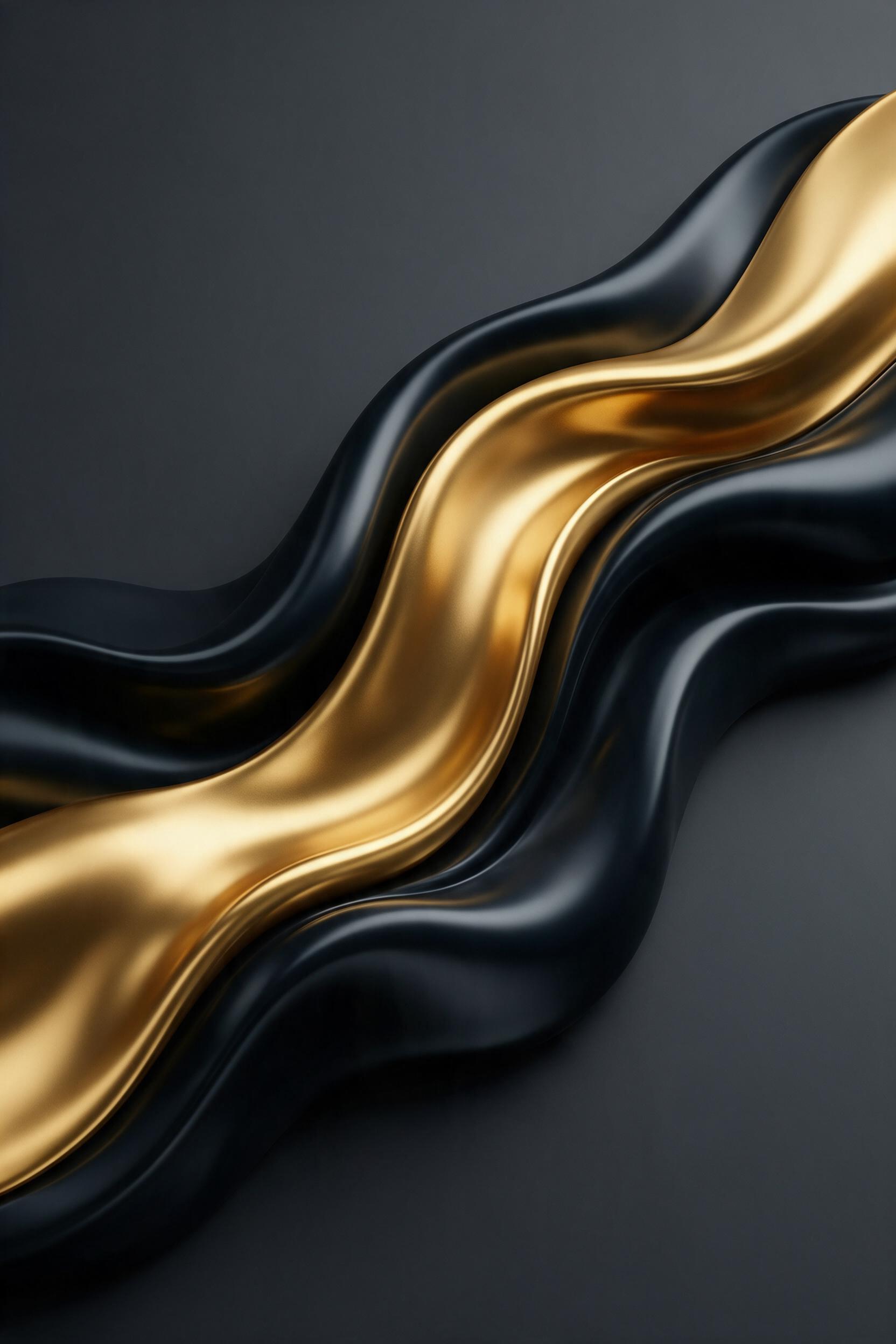 A minimalist composition of flowing molten gold and deep obsidian black, intersecting in smooth, wave-like curves against a matte charcoal background. Soft directional light from upper left casts subtle highlights on the metallic ridges, while faint shadows create depth. The texture is ultra-smooth,