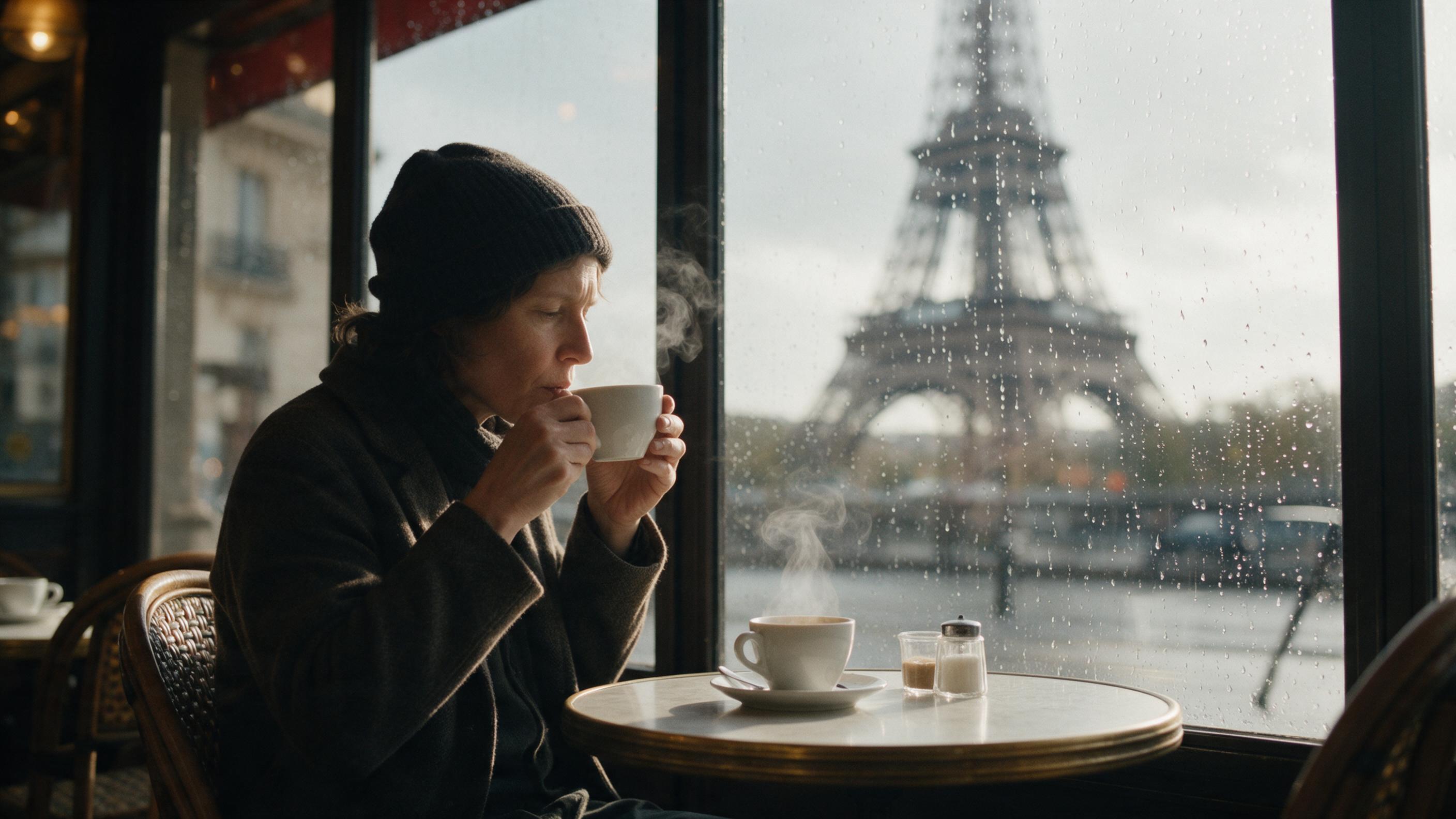 A quiet morning at a small Parisian cafe. Raindrops trace the window pane, blurring the Eiffel Tower beyond. A lone patron sips espresso from a porcelain cup, steam rising. Soft diffused daylight, shallow depth of field, film grain, muted tones.