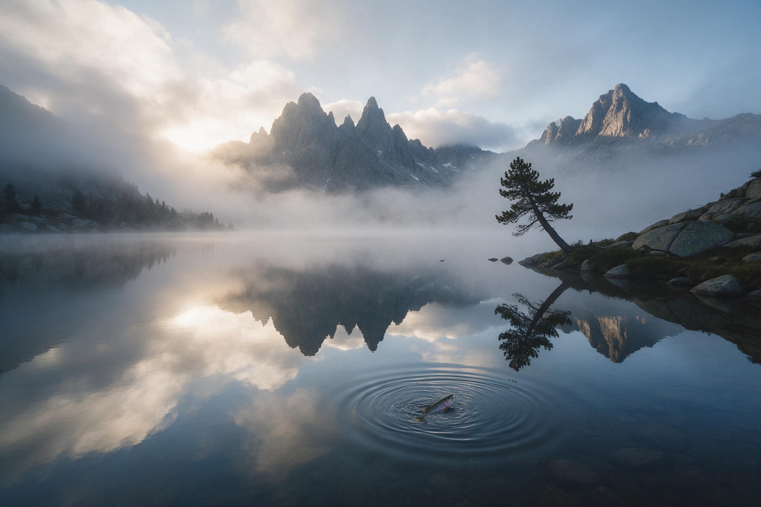 A misty alpine lake at dawn, mirror-still water reflecting jagged granite peaks, soft golden light breaking through low clouds, a lone pine tree leaning over the shore, gentle ripples from a rising trout, muted blue and amber palette, shot on medium format film, slight grain, wide-angle composition 