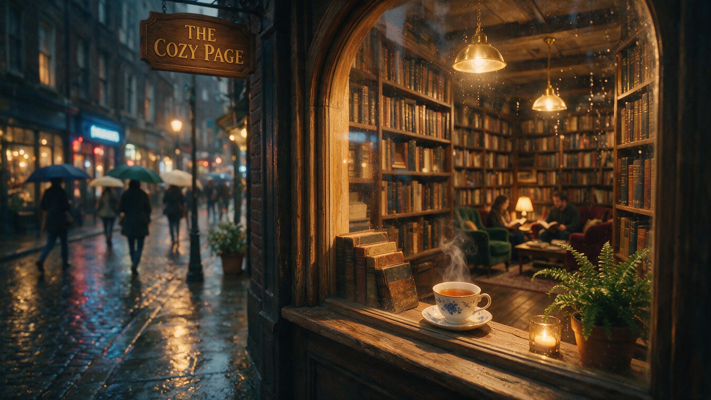 Cozy rainy evening inside a small bookshop, warm amber light spilling onto wet cobblestone street, blurred silhouettes of pedestrians with umbrellas, steam rising from a tea cup on the windowsill, soft reflections on glass, shallow depth of field, natural moody lighting, film grain
