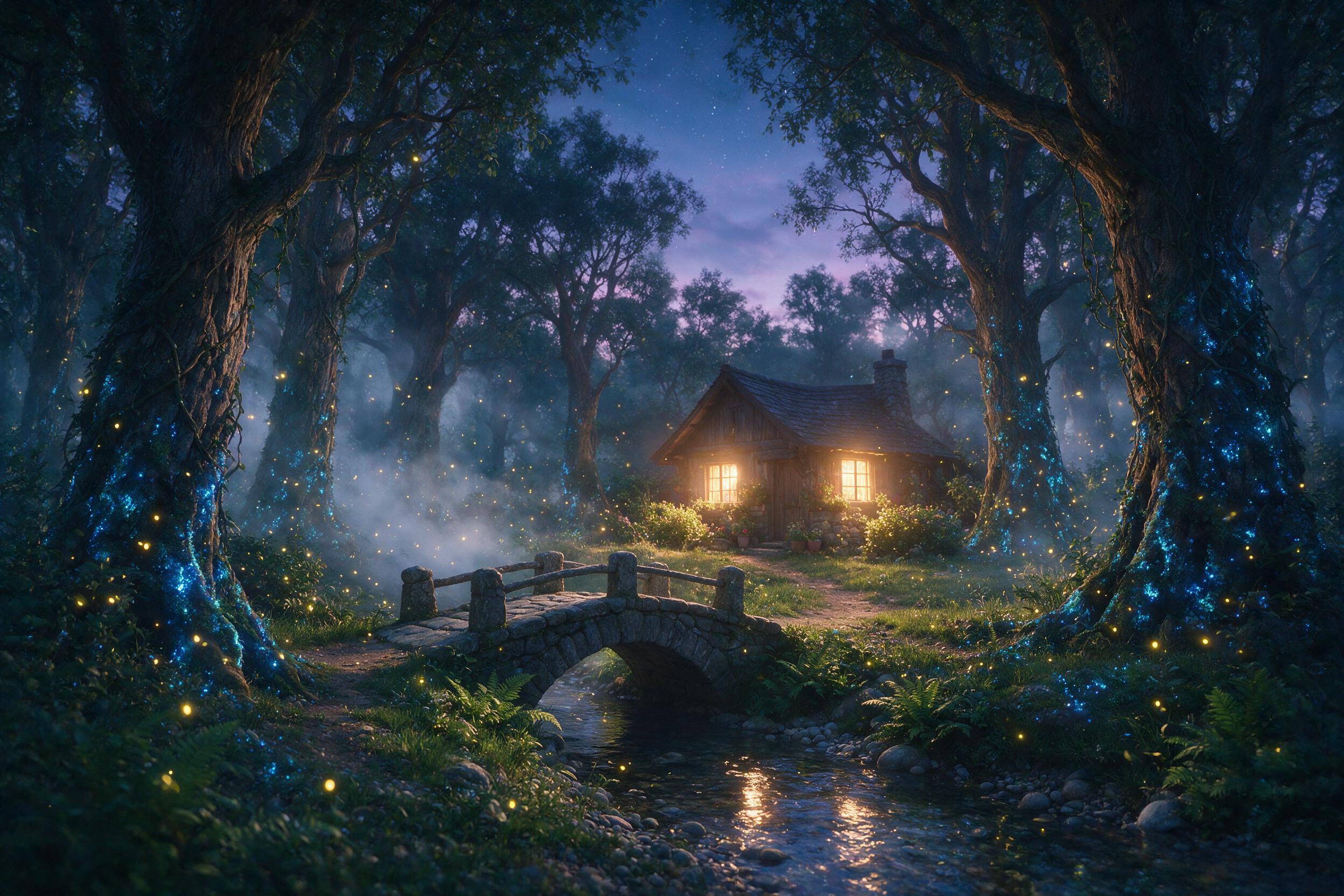 A mystical forest at twilight, ancient trees with glowing blue moss, floating fireflies, soft mist between trunks, a small stone bridge over a stream, warm golden light from a distant cottage window, cinematic composition, ethereal atmosphere, gentle lens flare.
