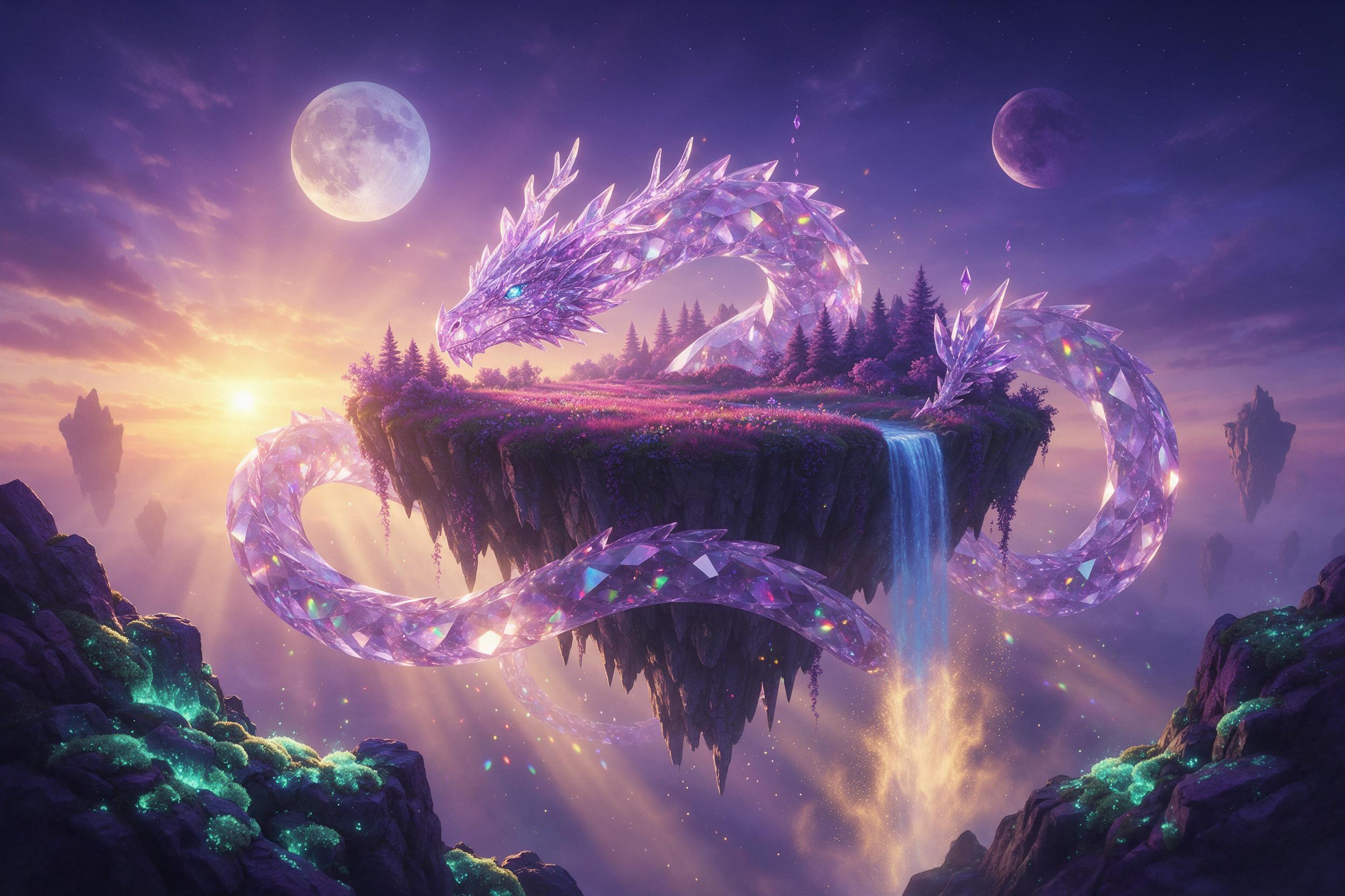 A glowing crystal dragon coiled around a floating island, its translucent scales refracting sunset light into scattered rainbows. Wisps of golden mist rise from a waterfall cascading into void. Foreground rocks covered in luminescent moss, deep purple sky with twin moons. Soft volumetric lighting, s