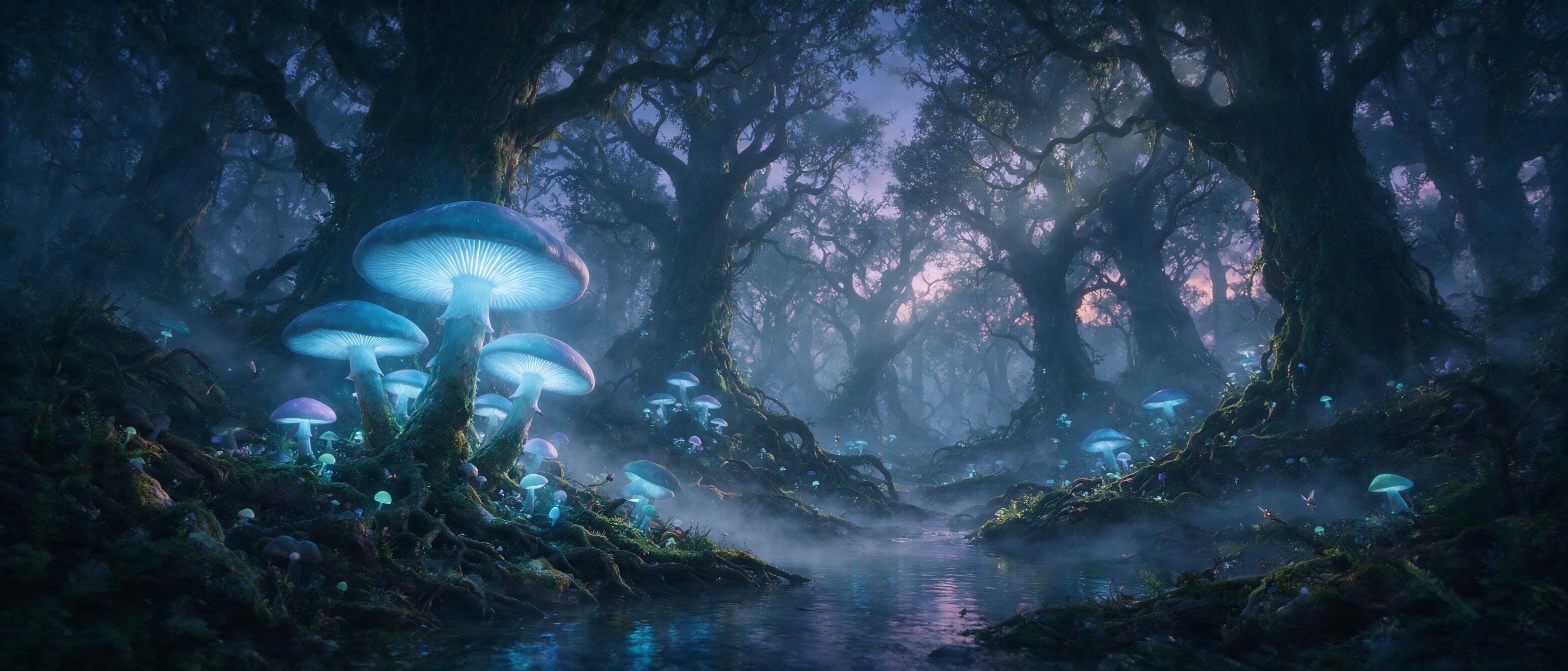 A luminous, ancient forest at twilight, colossal glowing mushrooms casting soft blue light onto a misty stream, tiny winged fairies flitting between gnarled roots, moss-covered stones, cinematic volumetric lighting, shallow depth of field, ethereal atmosphere