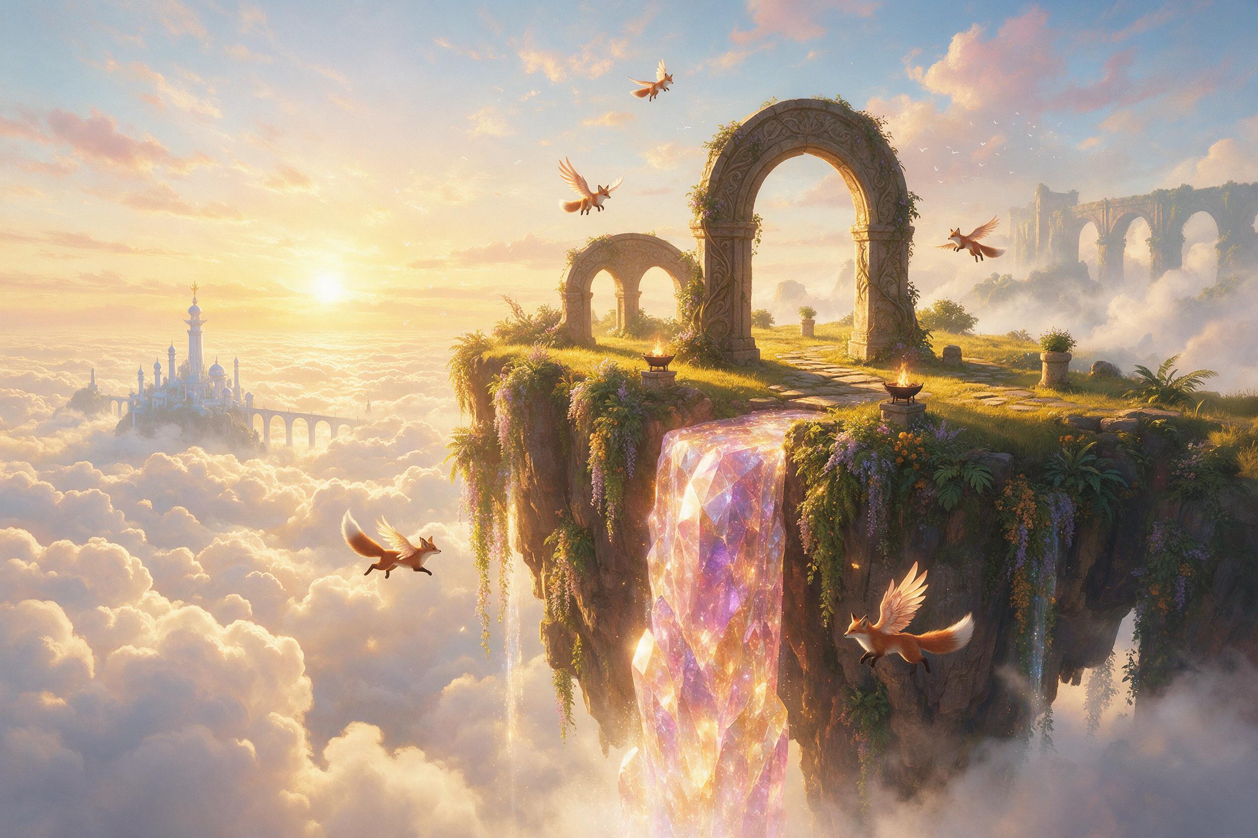 A floating island with a glowing crystal waterfall cascading into a sea of clouds, small winged foxes circling ancient stone arches, warm golden hour light, lush hanging gardens, in the distance a silver spire city on another island, soft mist, crisp edges, painterly art style