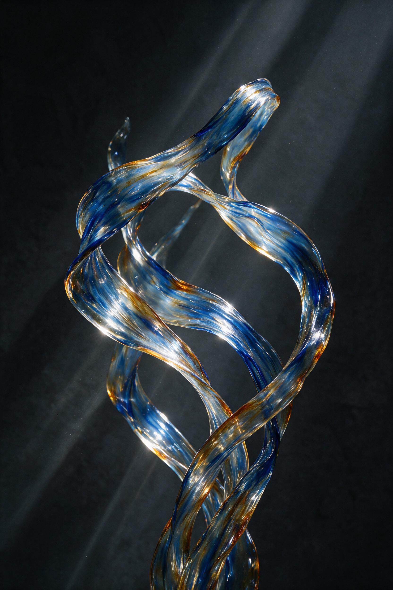 Molten glass ribbons twist upward in a vertical composition, iridescent blue and amber veins catching harsh side light, deep charcoal background, smooth flowing curves with frozen ripples, subtle dust particles floating in a volumetric light beam, minimal and elegant, no text or objects