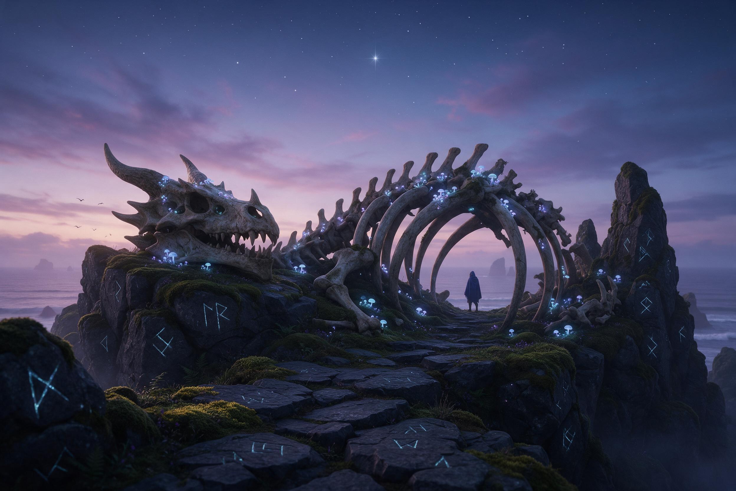A dragon's skeletal remains resting on a moss-covered cliff above a twilight sea, its ribs forming a natural archway. Weathered bones glowing faintly with bioluminescent fungi, scattered ancient runes carved into the stones. Soft violet sky, stars emerging, distant waves, ethereal atmosphere, cinema