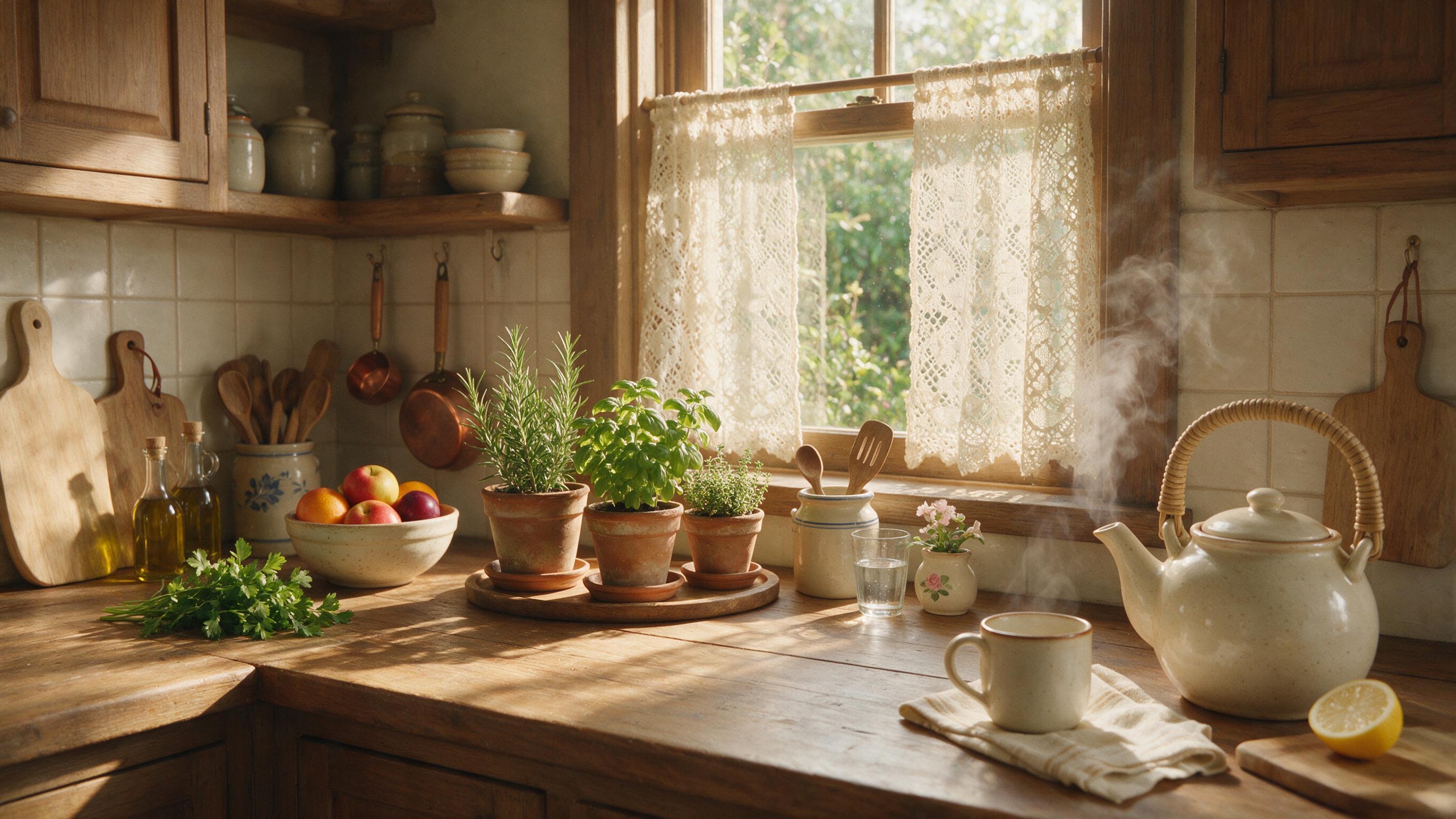 A cozy, sunlit kitchen interior with wooden countertops, fresh herbs in clay pots, and a steaming ceramic teapot. Soft morning light streams through a lace curtain, casting gentle shadows. Warm earth tones, slight film grain, natural composition.