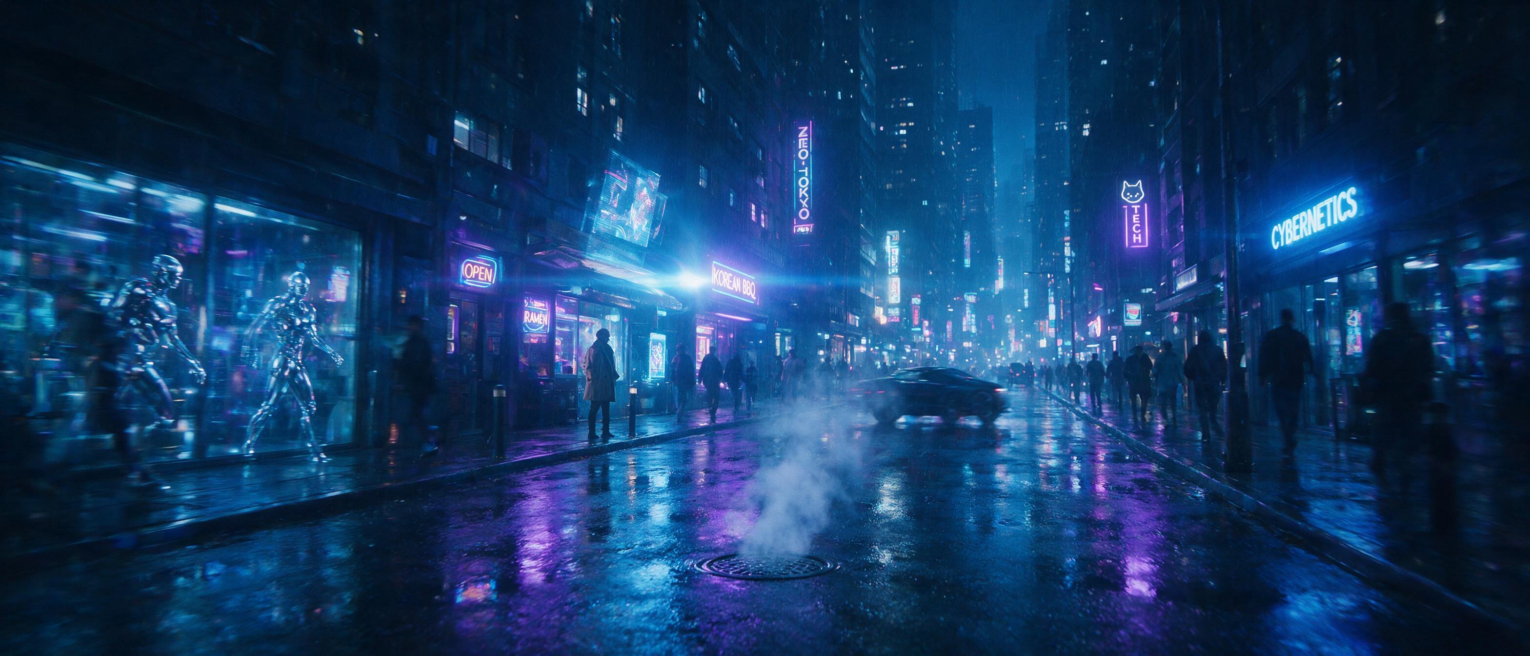 A neon-lit rainy cyberpunk street at night, holographic advertisements reflecting on wet asphalt, a lone figure in a trench coat under a flickering storefront sign, steam rising from a manhole, cinematic blue and purple lighting, slight lens flare, motion blur