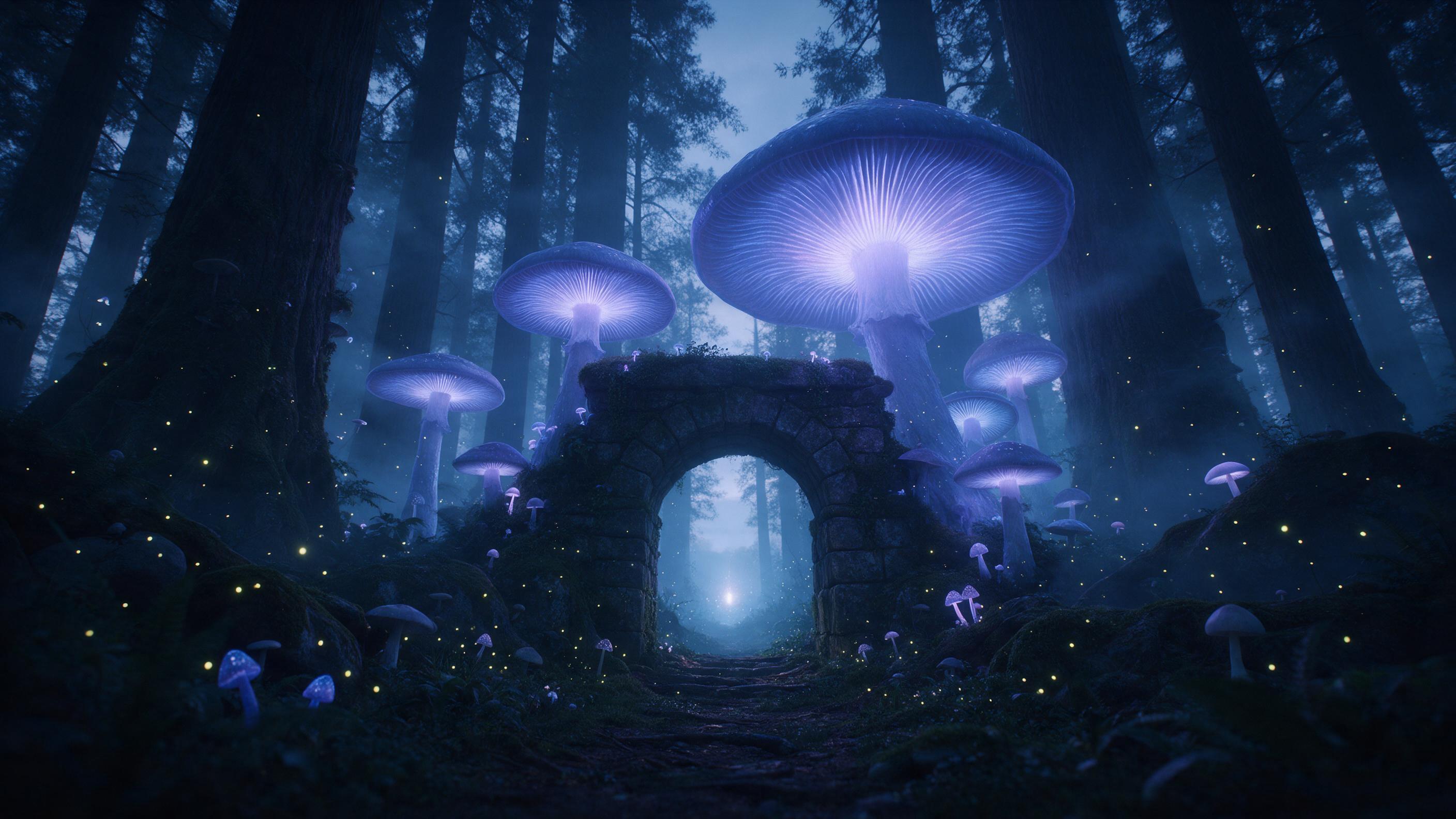 An ancient forest at twilight, colossal bioluminescent mushrooms emit a soft purple-blue glow, illuminating a moss-covered stone archway. A veil of mist drifts between towering trunks, fireflies sparkle like stars. Composition: low angle, archway framing a distant ethereal light. Lighting: cool blue