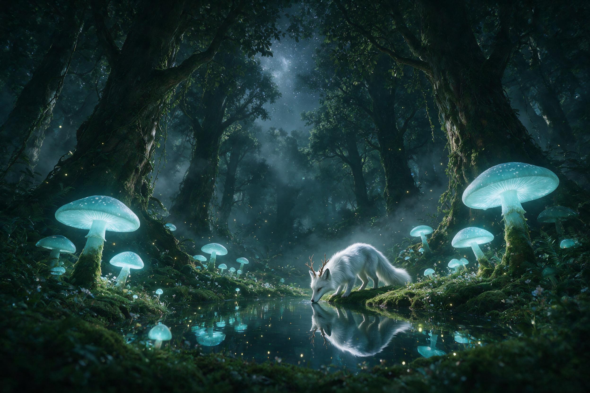 A moonlit ancient forest clearing, giant glowing mushrooms casting soft blue light, a silver fox with antlers drinking from a mirror-like pond, mist weaving between mossy trees, fireflies like floating stars, ethereal atmosphere, low-angle composition, muted greens with luminous cyan accents, gentle