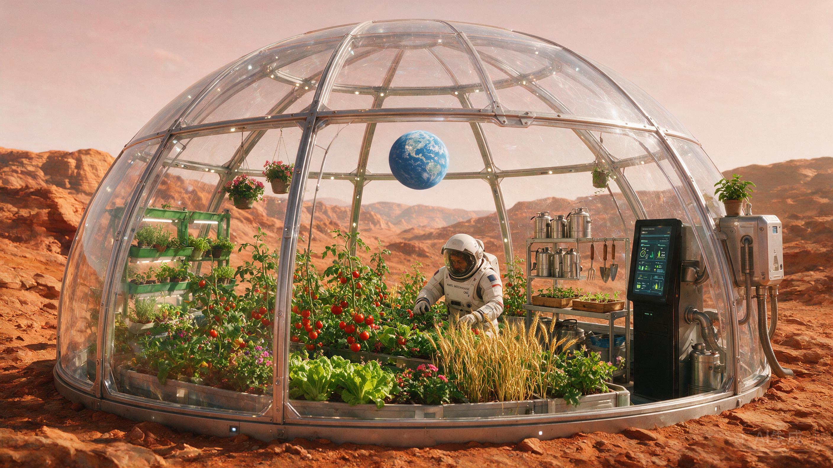 A lone astronaut tending a greenhouse on Mars, Earth visible through dome, hopeful atmosphere, vivid colors