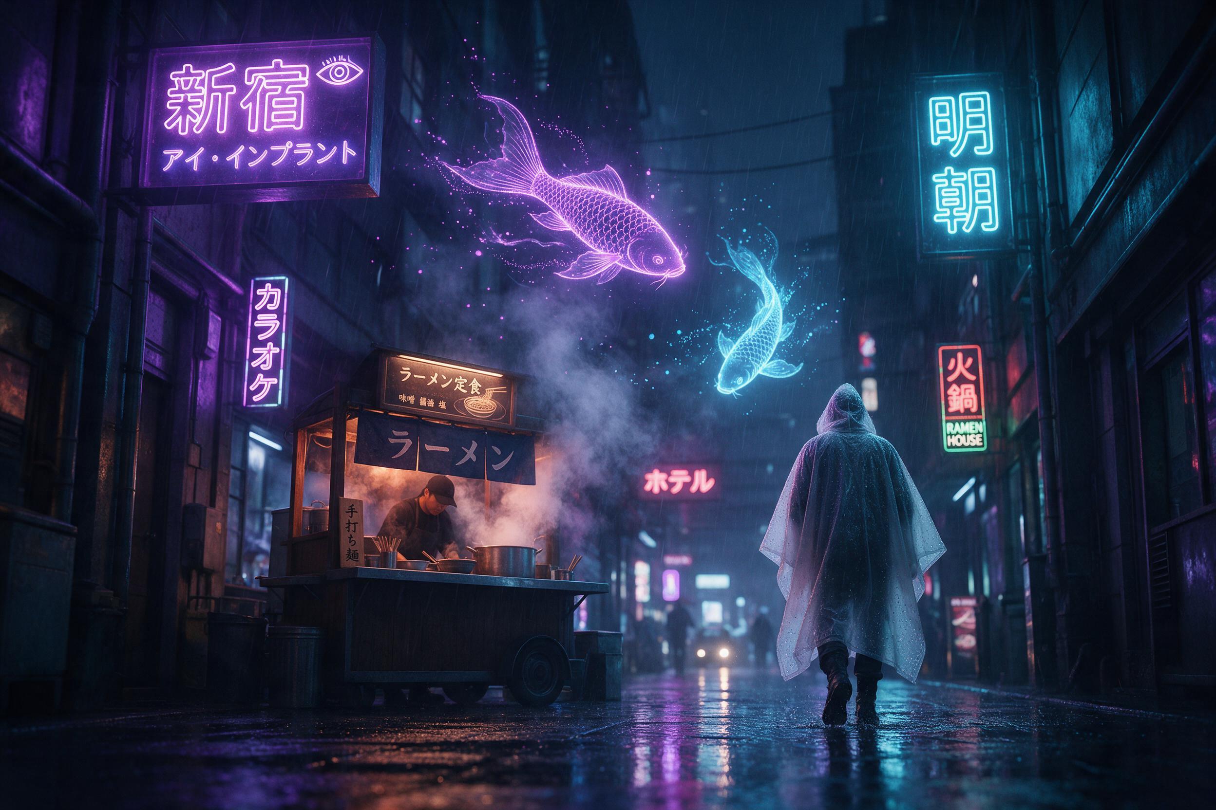 A neon-lit cyberpunk alley in rain, holographic koi fish swimming through the air above a noodle stall, reflecting purple and cyan light on wet pavement, steam rising from a food cart, a lone figure in a translucent poncho walking away, shallow depth of field, cinematic composition with a low angle 