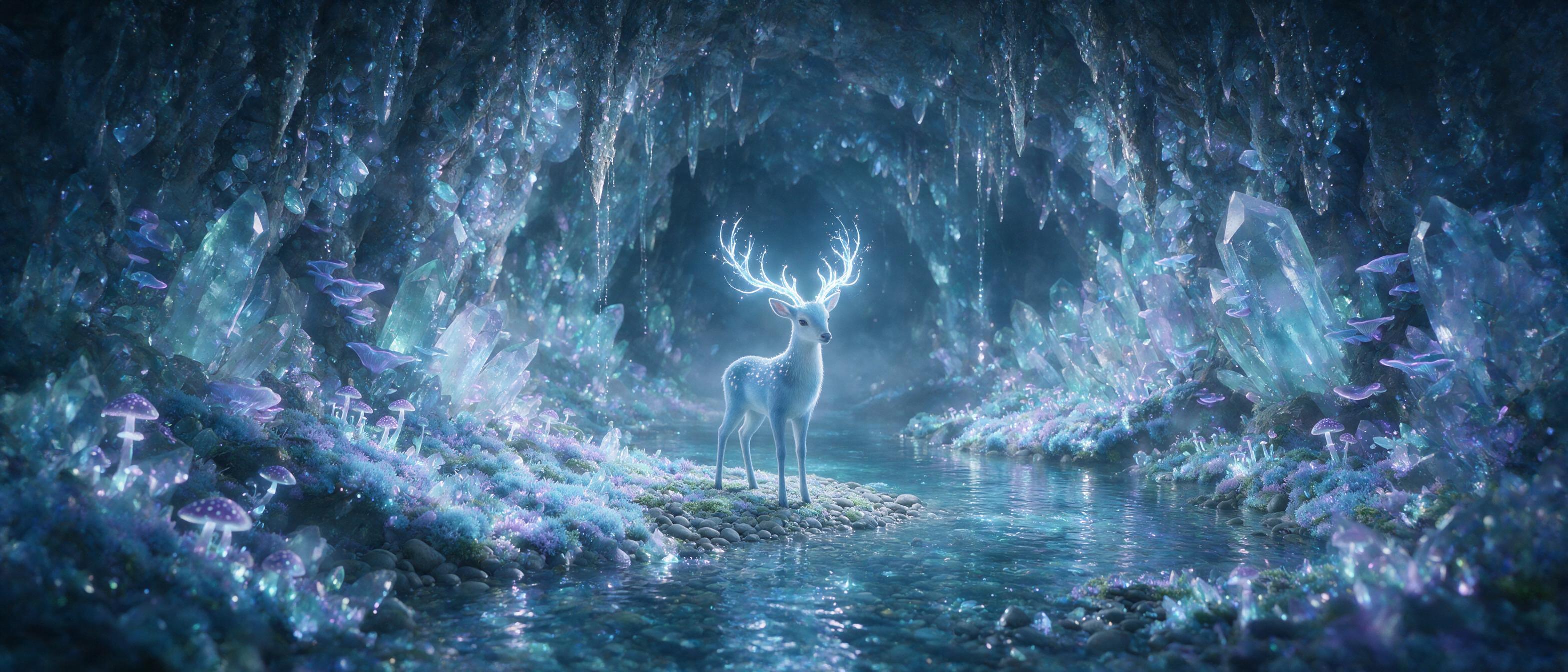 A luminous crystal cave deep underground, bioluminescent moss and fungi casting soft blue and purple light, stalactites dripping with glowing water, a small ethereal deer with antlers made of light stands in the center, misty air, magical atmosphere, natural lighting from the crystals, cinematic com
