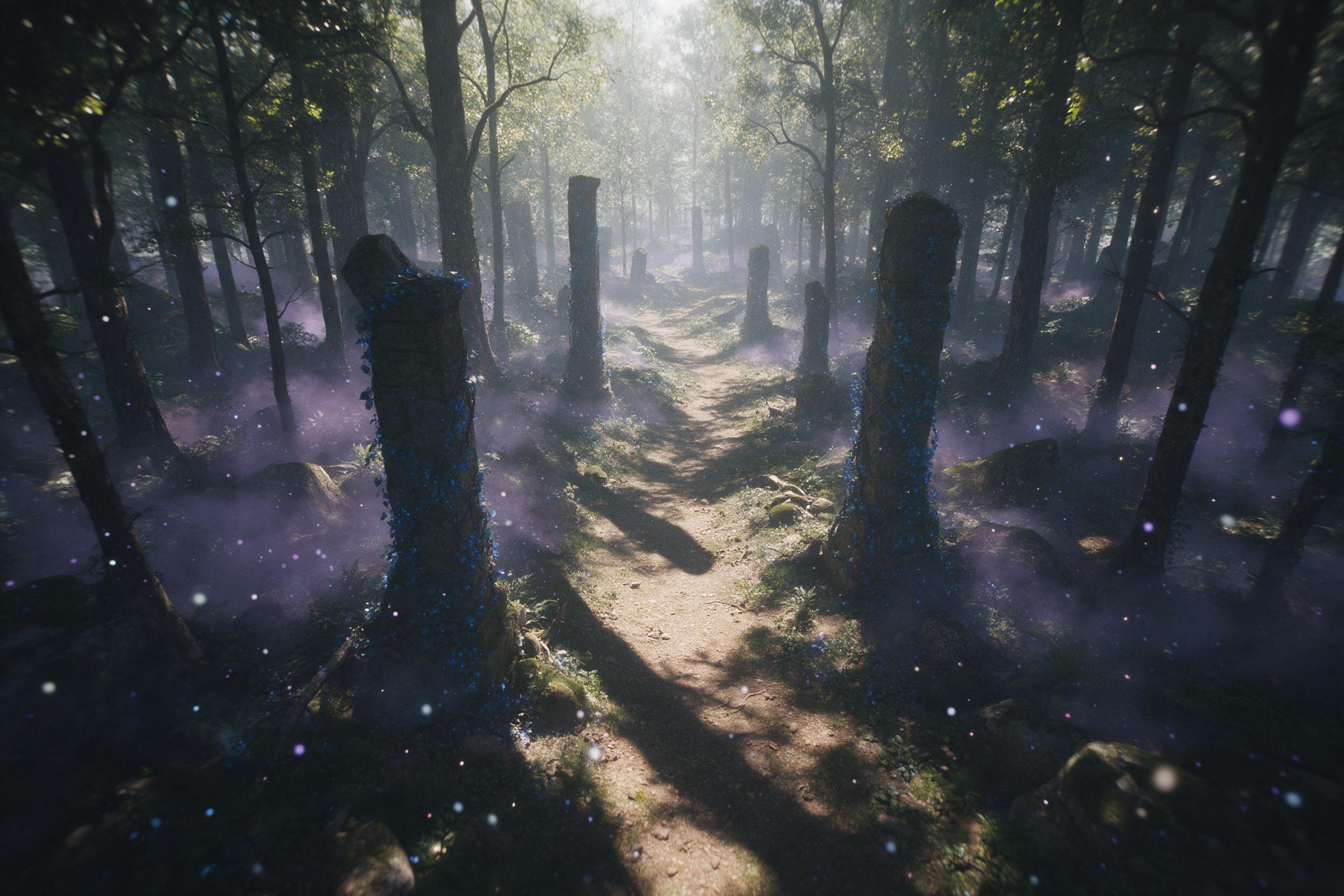 Sun-dappled ancient forest, decaying stone pillars covered with luminous blue vines, a purple mist drifting low, glowing spore particles in the air. Wide-angle composition, looking down a winding path. Ethereal morning light filters through canopy, long shadows. Slight film grain, muted color palett