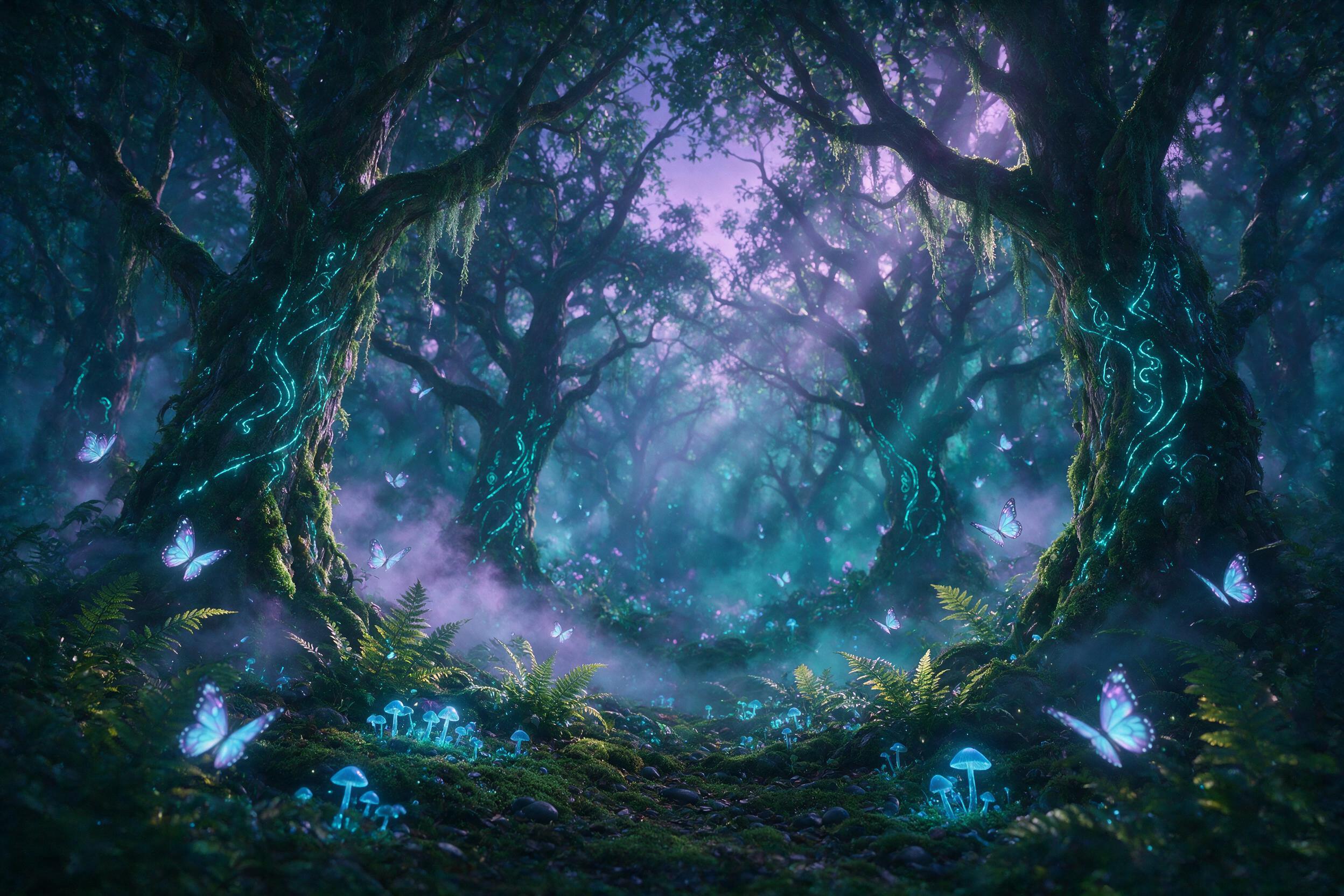 Ethereal forest at twilight, luminous blue mushrooms dot the mossy ground, ancient gnarled trees with glowing runes, soft mist swirls between trunks, bioluminescent butterflies flit, delicate light rays pierce canopy, gentle purple and teal color palette, magical atmosphere, shallow depth of field f