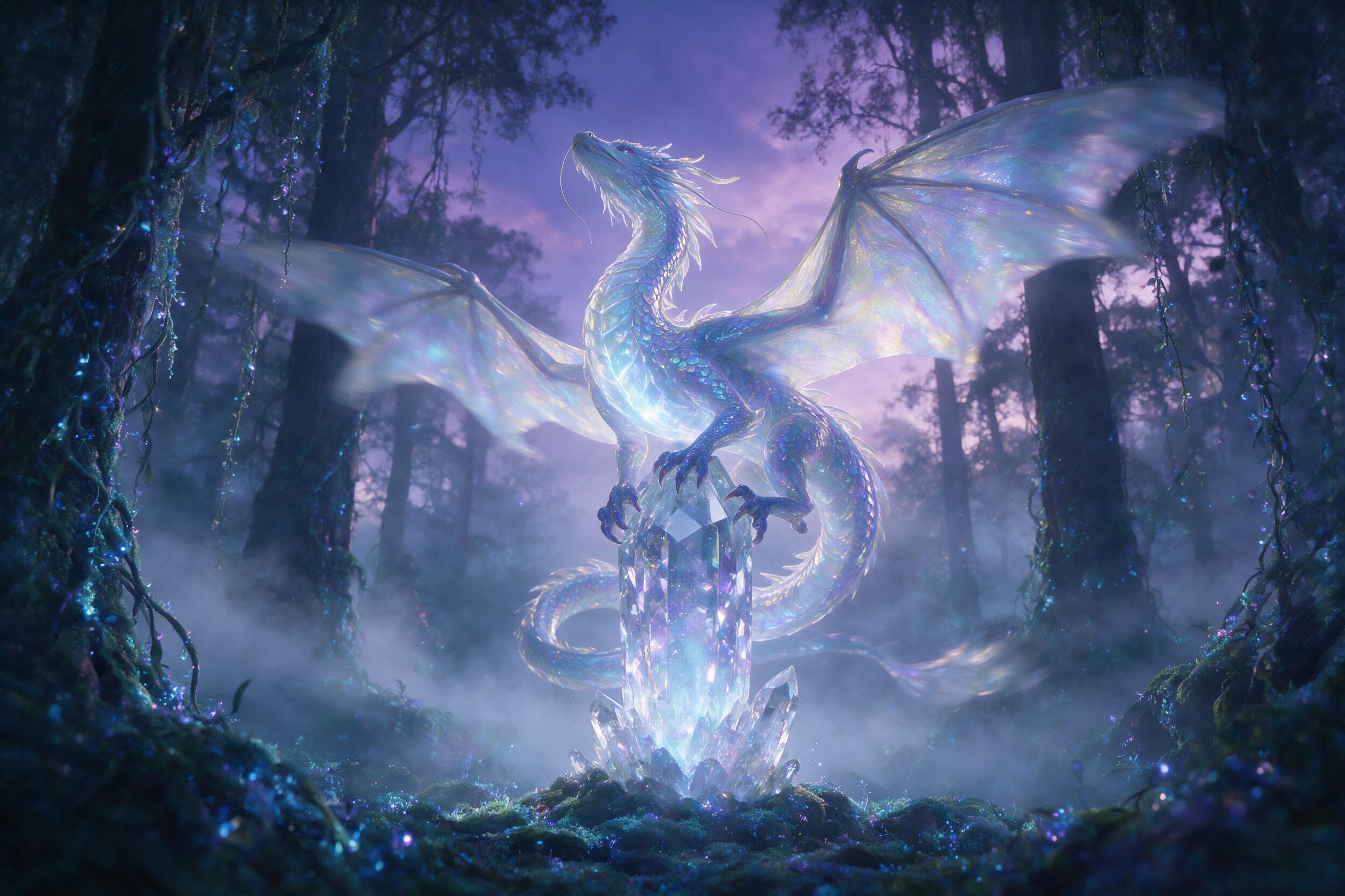 A glowing, translucent dragon with opalescent scales coils around a floating crystal spire in a misty twilight forest. Soft bioluminescent moss and hanging vines frame the scene, with cool blue and violet light casting long shadows. Slight motion blur on the dragon's wings suggests gentle flight, sh