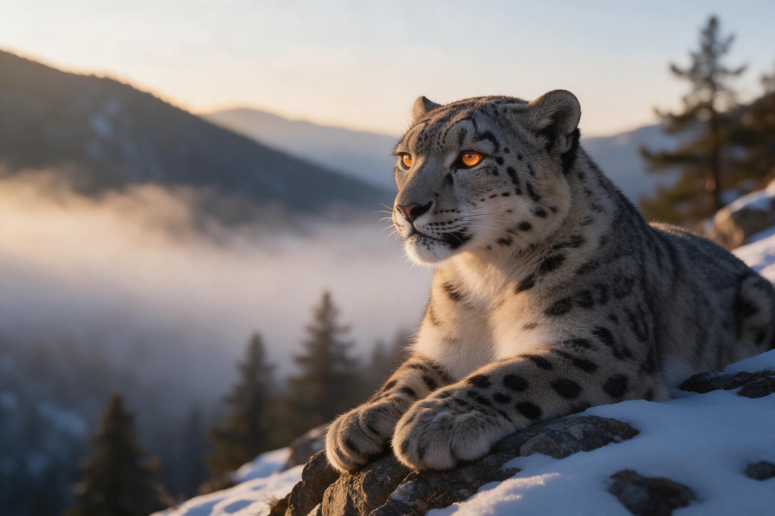 A snow leopard rests on a rocky outcrop at dawn, its amber eyes catching the first light. Soft mist clings to the valley below, pine trees blurred in the background. Shallow depth of field, fur texture visible, natural warm golden lighting with cool blue shadows in snow.