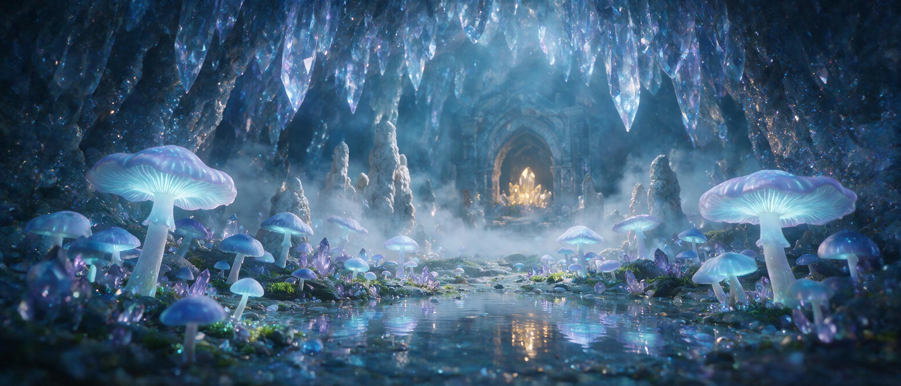 A luminous crystal cave, glowing mushrooms scattered on the ground, soft blue and purple light filtering through translucent stalactites, a shallow pool reflecting the ethereal glow, mist curling around ancient stone formations, cinematic composition with depth of field, warm amber light from a dist
