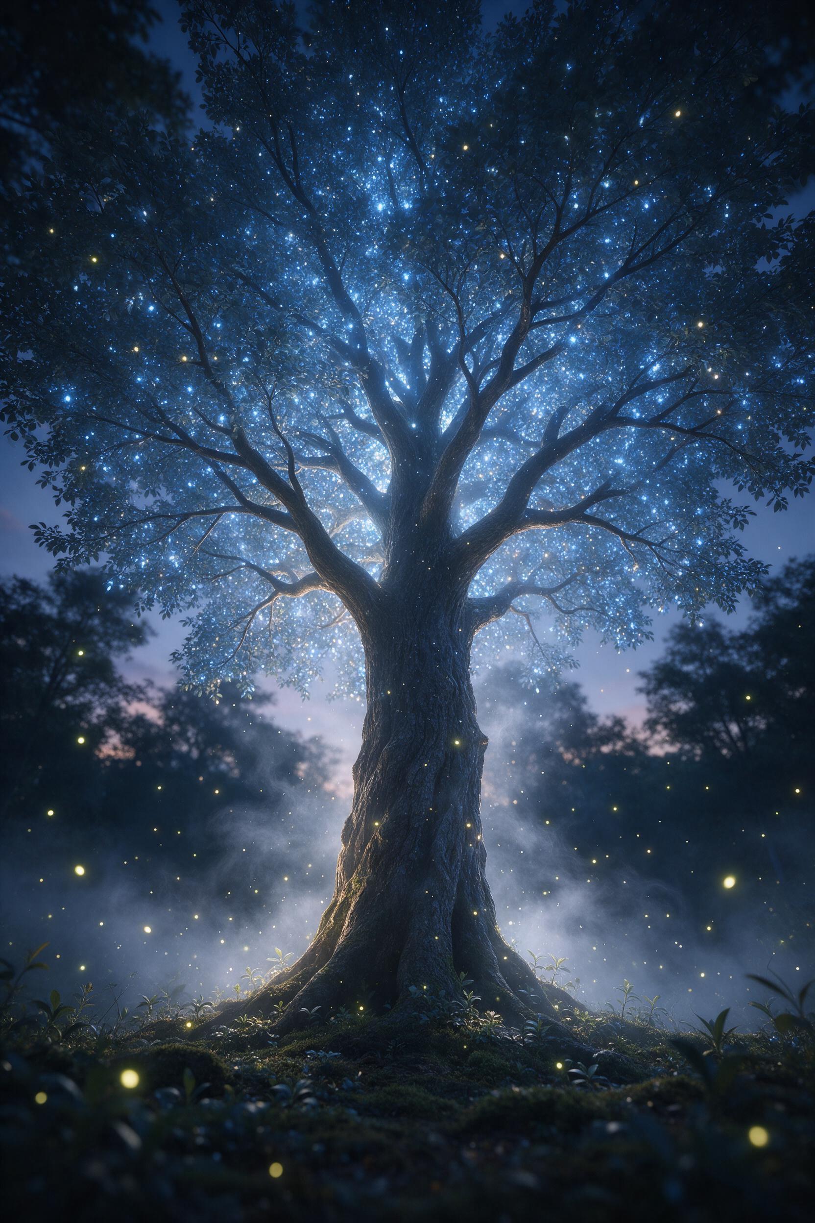 An ancient, glowing tree at the center of a twilight forest, its leaves shimmering with soft blue light, surrounded by floating fireflies and wisps of silver mist. Low angle shot looking up at the canopy, emphasizing the tree's height and magical atmosphere. The ground is covered in moss and small b