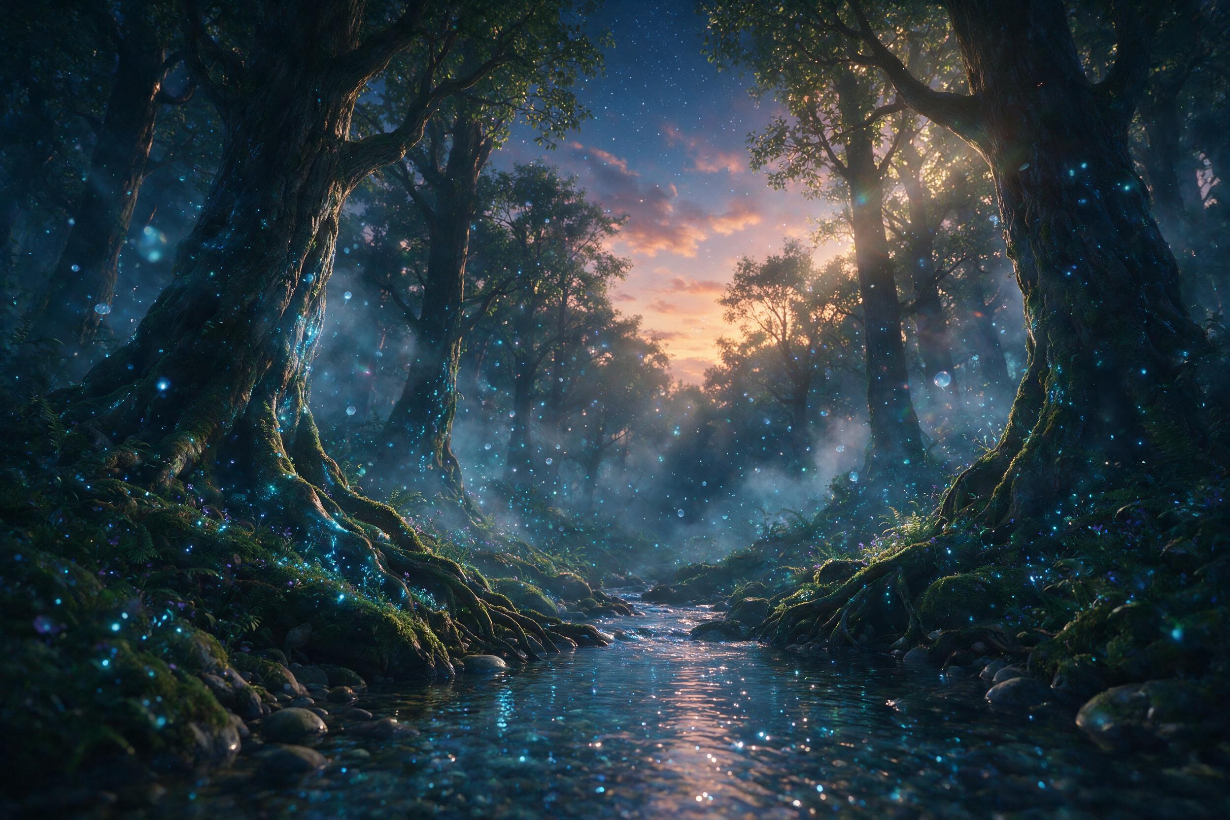 A luminous glowing forest at twilight, ancient trees with bioluminescent roots and floating blue spores, a crystal-clear stream reflecting stars, ethereal mist winding between trunks, low-angle shot, soft golden light filtering through canopy, subtle lens flare, dreamy atmosphere, no human figures