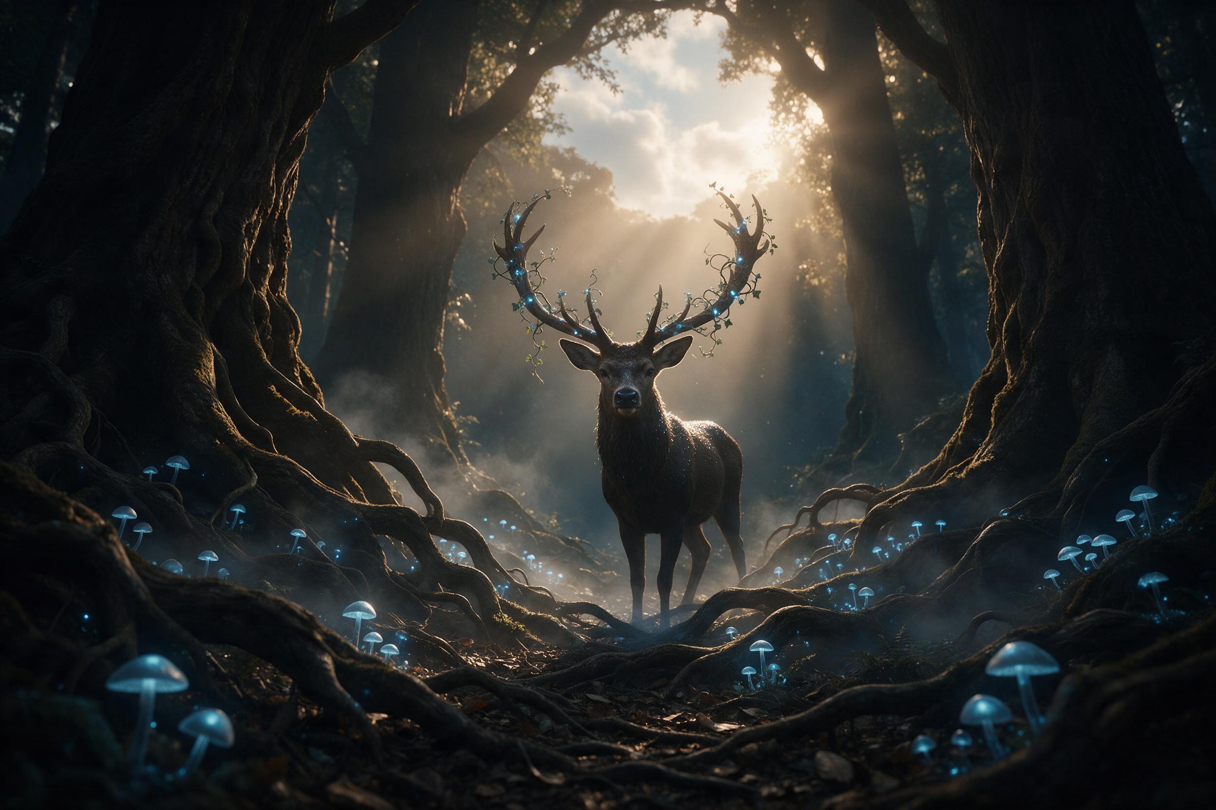 A sunlit ancient forest clearing where bioluminescent mushrooms pulse with soft blue light, a gentle mist weaving between towering gnarled roots, a lone stag with antlers adorned in glowing ivy stares forward, golden sunbeams piercing the canopy, deep shadows contrasting with luminous highlights, ci