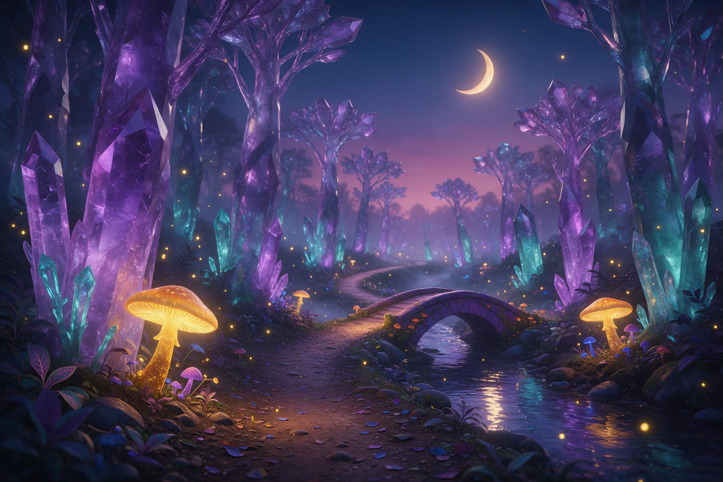 A luminous crystal forest at twilight, trees made of translucent violet and teal crystal, glowing bioluminescent mushrooms, a small brook reflecting a crescent moon, mist weaving between trunks, fireflies sparking like tiny lanterns, composition with a winding path leading deeper into the enchantmen