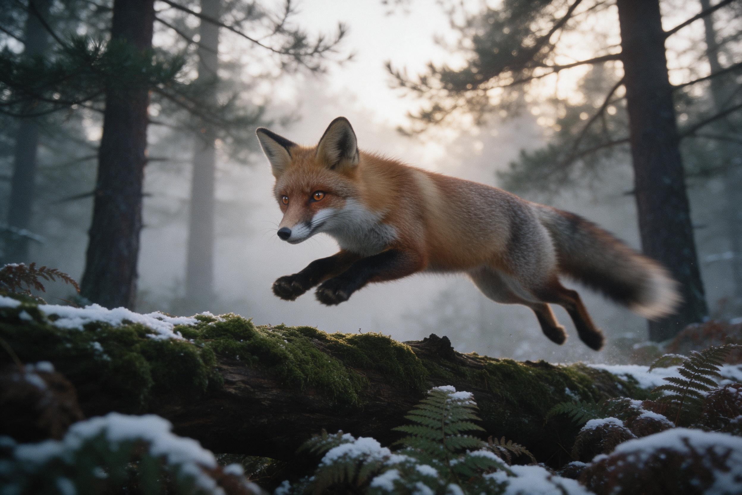 A red fox leaping over a moss-covered log in a misty pine forest at dawn. Soft golden light filters through branches, snow-dusted ferns foreground. Shallow depth of field highlights the fox's sharp eyes and fur texture, with subtle motion blur on tail. Film grain style, slight vignette for an organi