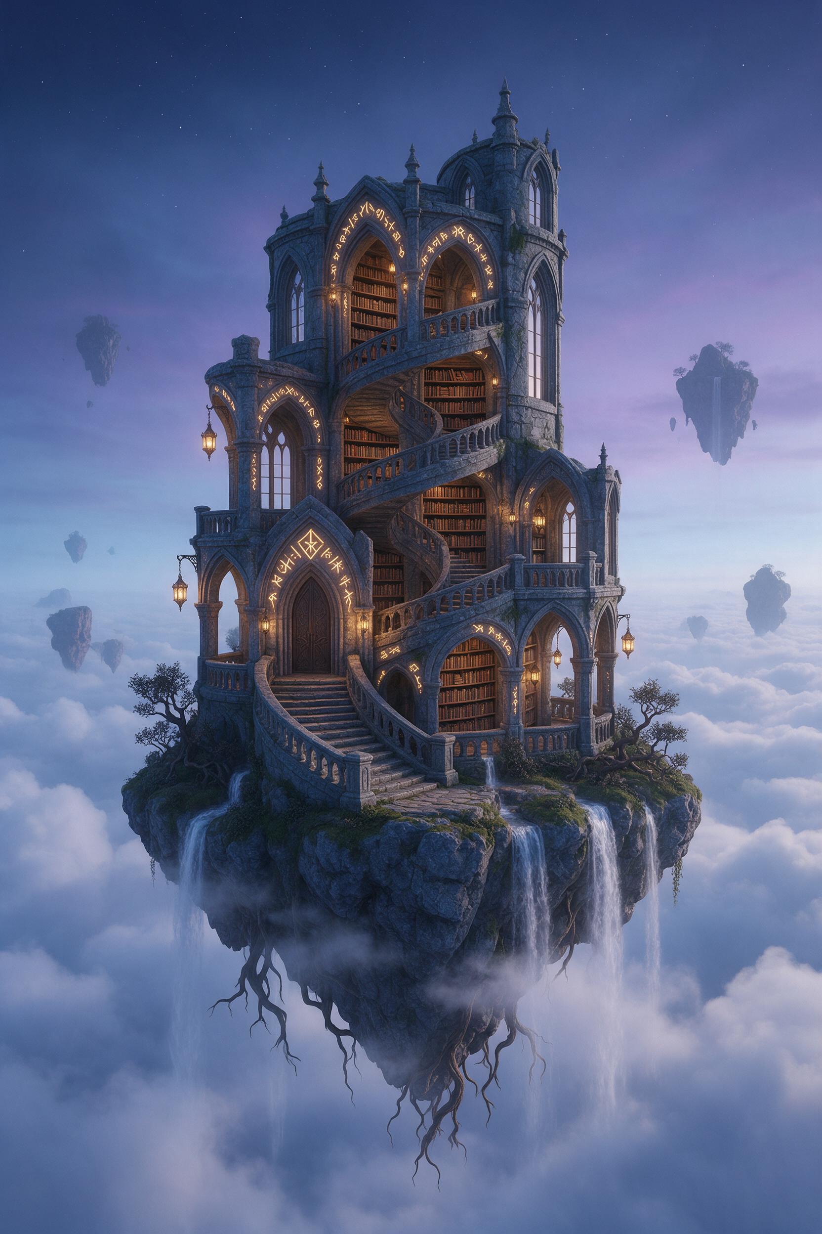An ancient stone library floating on a tiny island among drifting clouds, at twilight. Weathered bookshelves spiral upward, glowing runes carved on stone arches. Warm lantern light spills from arched windows, contrasting with cool blue sky and distant stars. Soft mist swirls around roots trailing ov