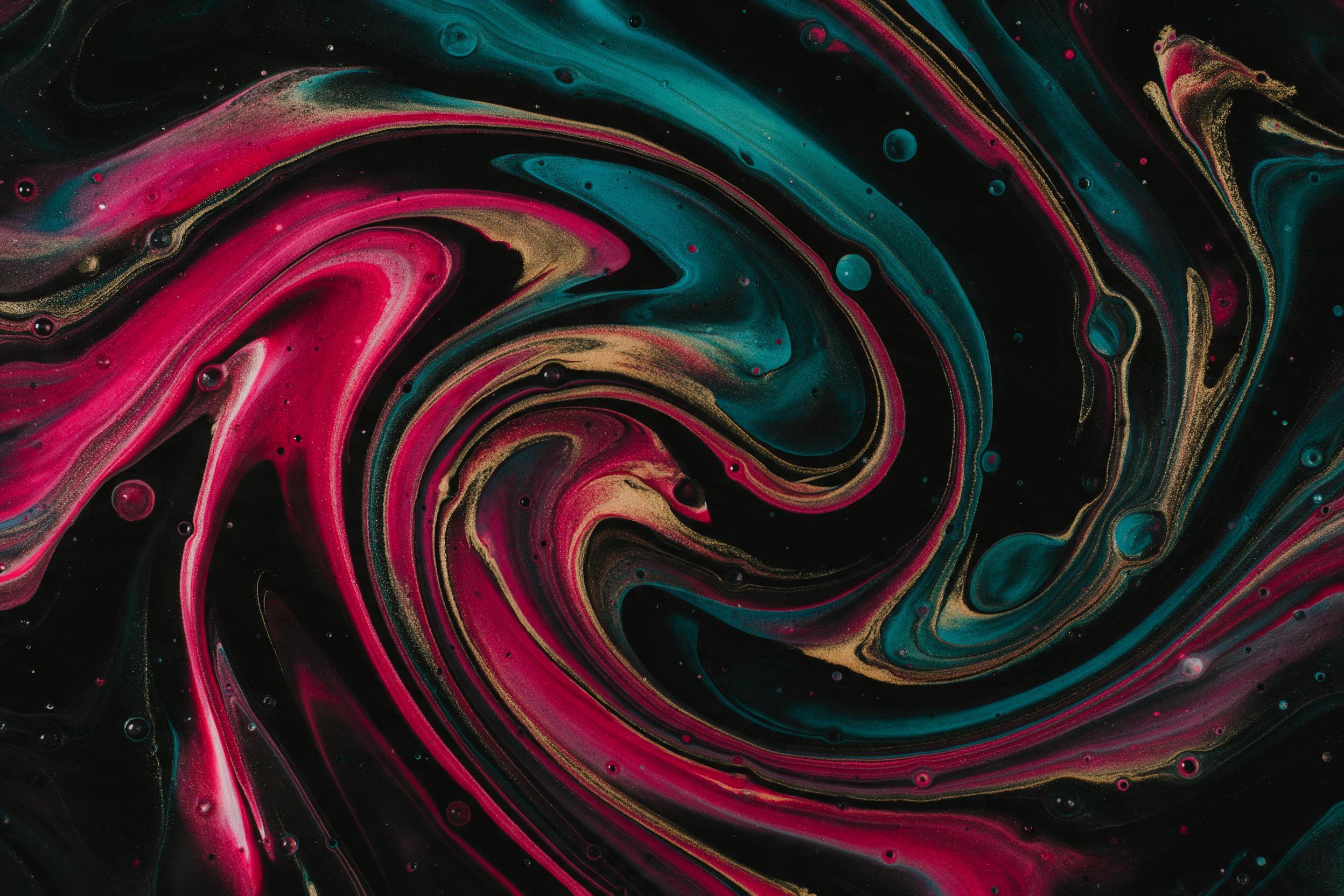 Vibrant fluid art on black canvas, swirling ribbons of magenta, teal, and gold with tiny air bubbles, macro detail, soft studio light from left, deep reflections, shot on medium format film, subtle vignette, no text
