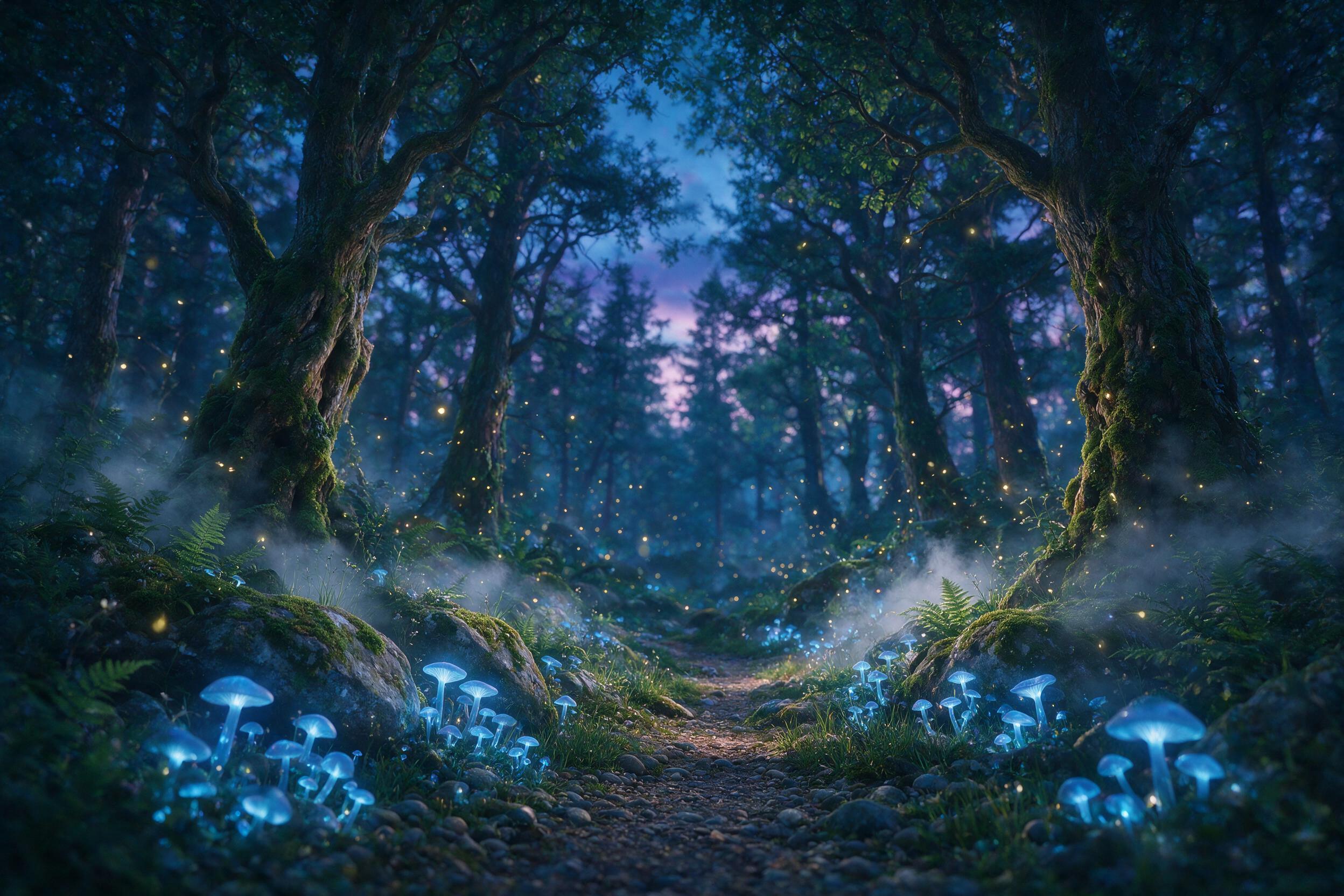 A mystical forest at twilight, glowing blue mushrooms line a winding path, ethereal light filters through ancient trees, a gentle mist swirls around moss-covered stones, fireflies dance in the air, soft bokeh effect, dreamlike atmosphere, natural lighting with cool tones