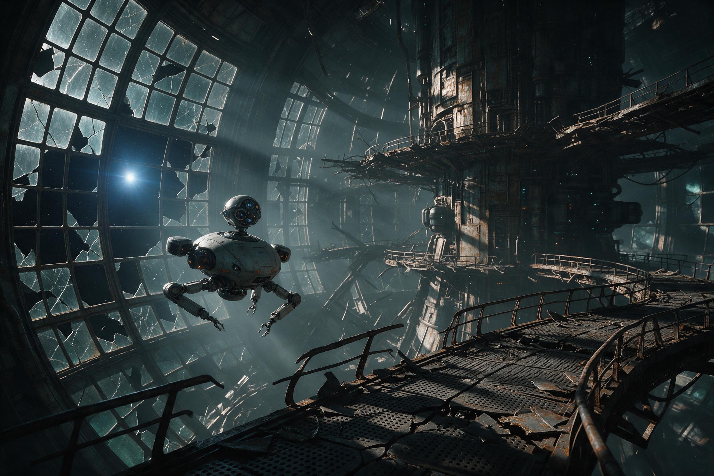 A lone maintenance drone hovers inside a colossal derelict space habitat, its hull of rusted titanium and webbed glass catching the cold, distant light of a blue-white star. Long shadows crawl across shattered catwalks below. Atmospheric haze, subtle lens flare, mute color palette with teal and oran