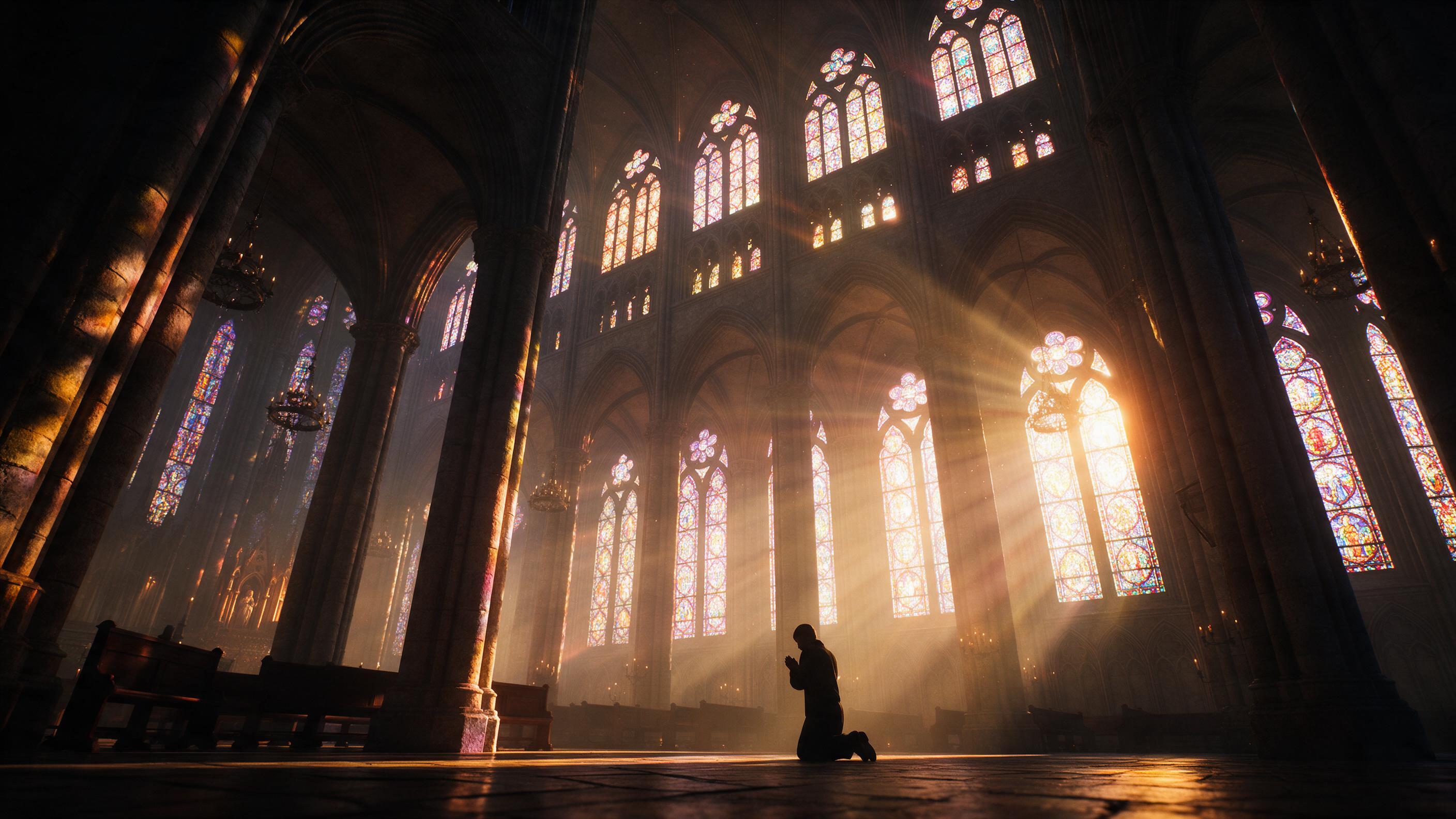 A grand European cathedral interior at dusk, rays of golden light piercing through towering stained glass windows, casting colorful patterns on ancient stone pillars. Misty atmosphere, a lone figure in silhouette kneeling in prayer. Shot from a low angle, emphasizing the soaring vaulted ceiling. Sub