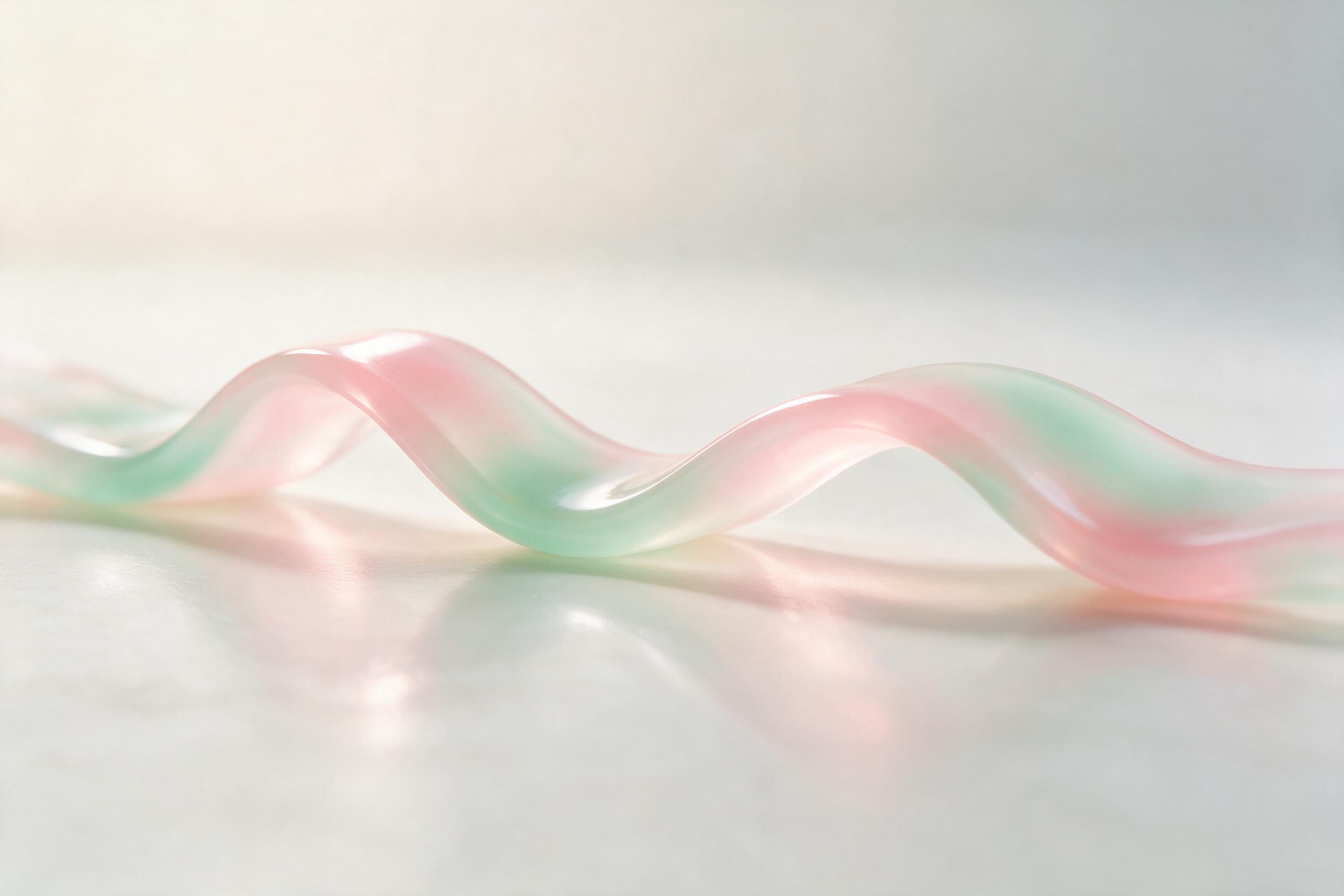 Minimalist abstract composition, smooth fluid curves of translucent resin in soft pastel pink and mint green, gentle gradient lighting from above, subtle reflections on polished surface, blurred background, shallow depth of field, soft focus at edges