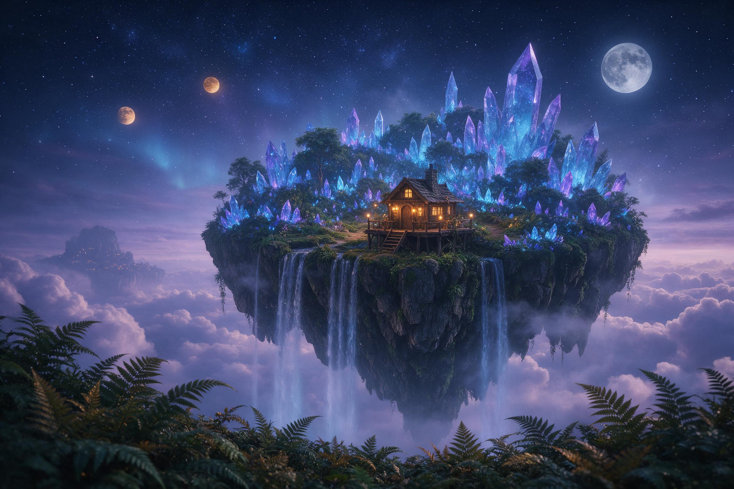 A floating island with a bioluminescent crystal forest, glowing blue and purple, under a starry sky with two moons. Waterfalls pour off the island edge into clouds. A small wooden hut with warm lights sits on the cliff. Soft mist, ethereal glow, cinematic wide shot, foreground ferns in focus.