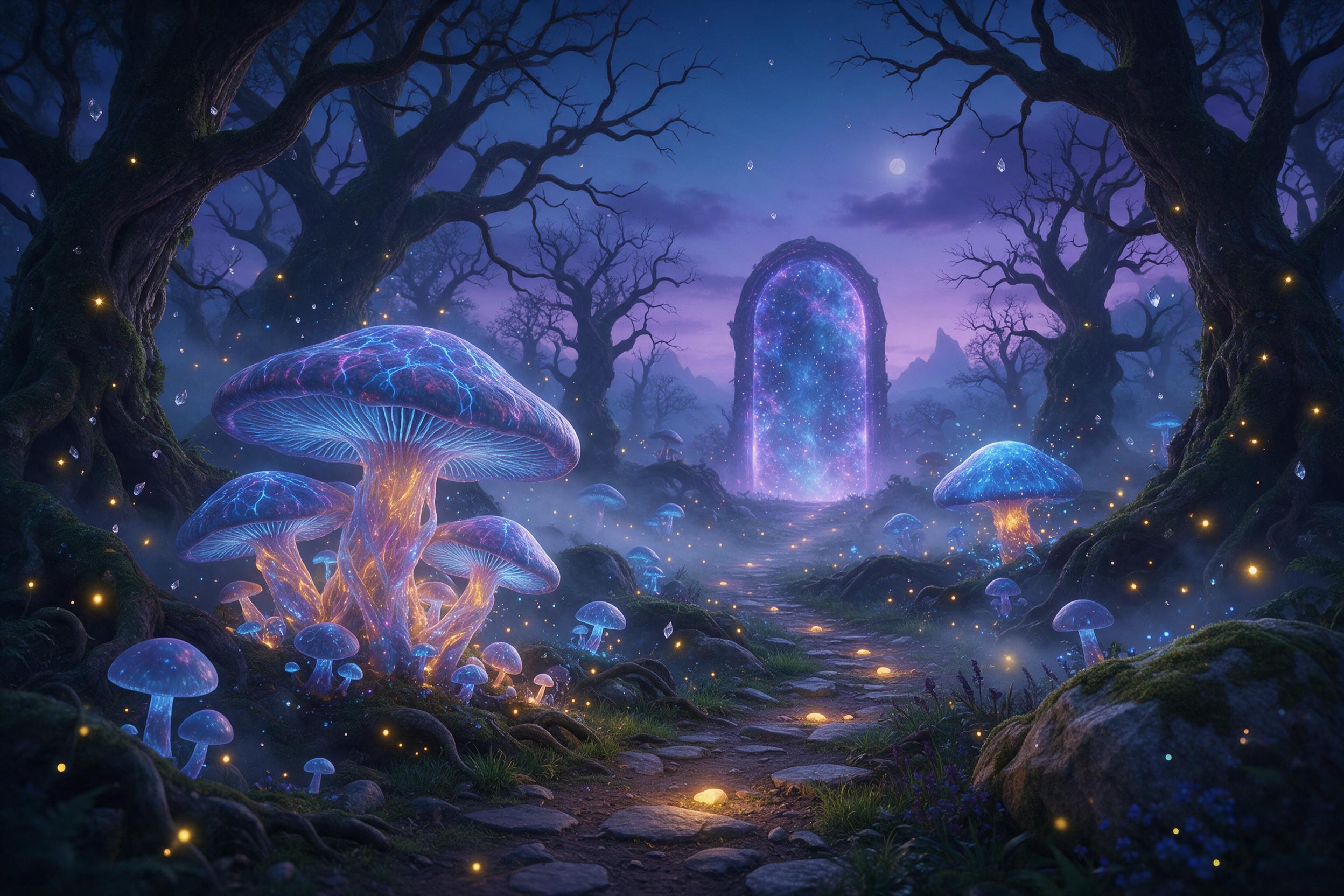 An ethereal forest at twilight, where giant glowing mushrooms cast soft blue and violet light on mossy ground, fireflies drift like living stars, a narrow winding path leads to a distant shimmering portal, mist rises between ancient gnarled trees, cinematic wide-angle composition with layered depth,
