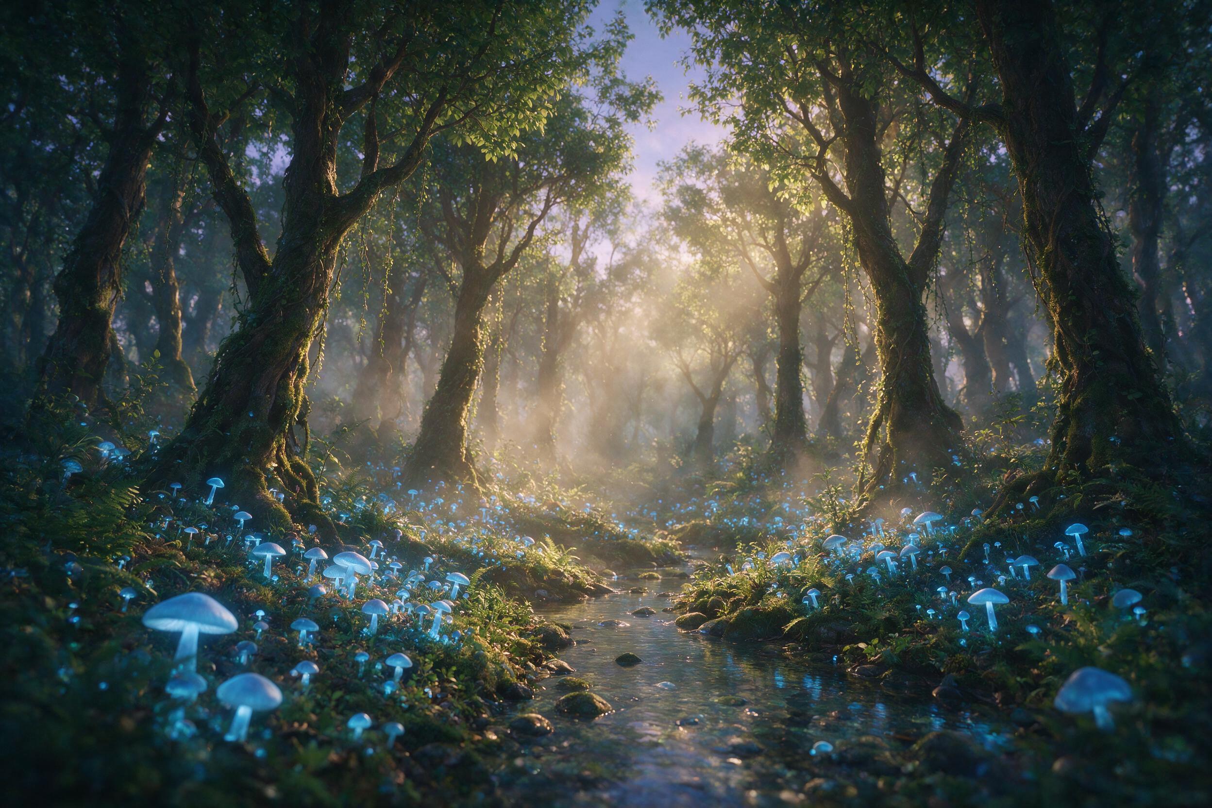 A mystical forest at twilight, glowing blue mushrooms carpet the ground, a faint golden mist swirls between ancient trees, soft light rays filter through the canopy, a small crystal-clear stream reflects the luminescence, ethereal atmosphere, gentle vignette, shallow depth of field.