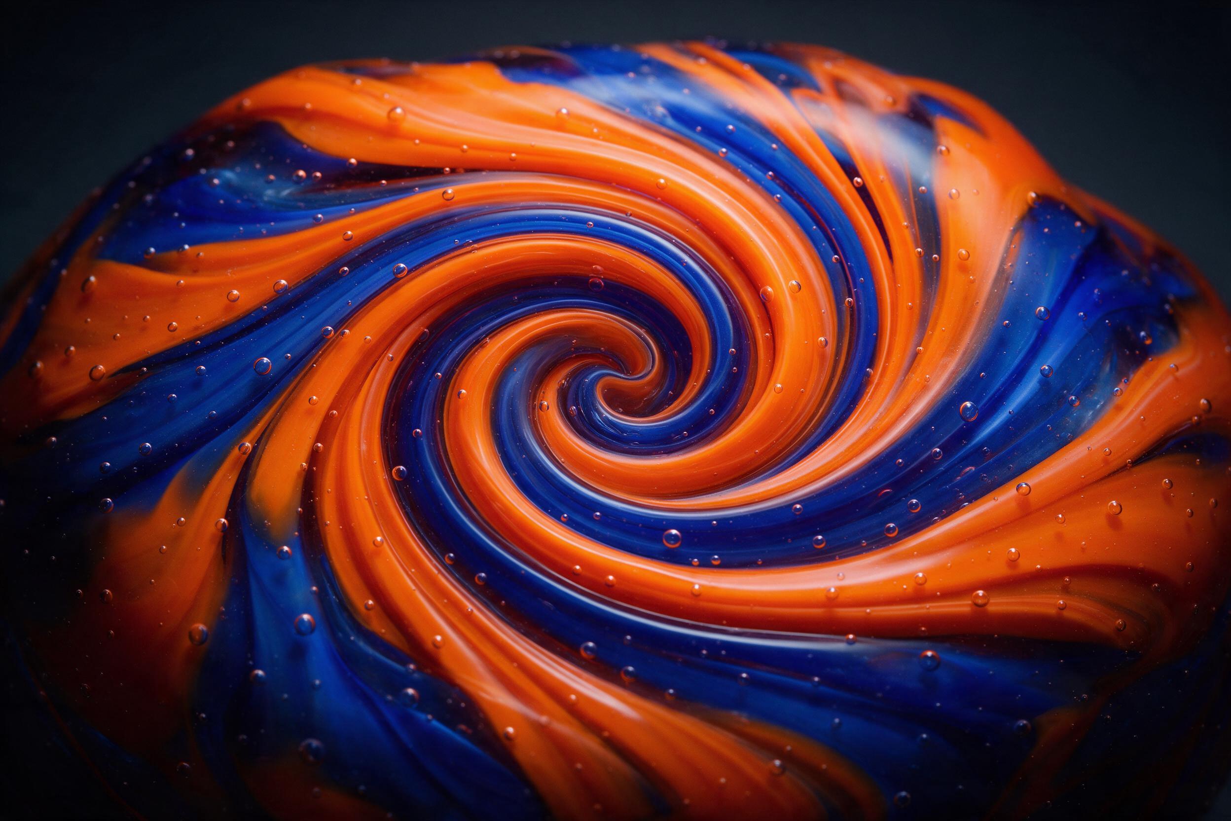 A macro shot of swirling molten glass, vivid orange and deep blue ribbons intertwining, with tiny air bubbles suspended in the translucent layers. Soft, diffused studio lighting highlights the glossy surface, while darker edges fade into shadow. The composition centers on a spiral of color, evoking 
