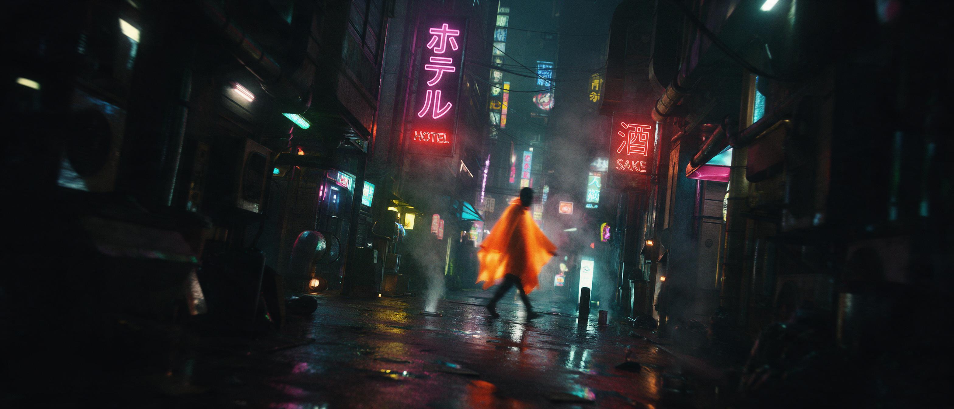 A lone figure in a glowing orange poncho walks through a rain-soaked cyberpunk alley at night, neon signs flickering in Japanese and English, steam rising from vents, wet pavement reflecting the lights, slightly blurred motion, cinematic wide shot, moody atmosphere