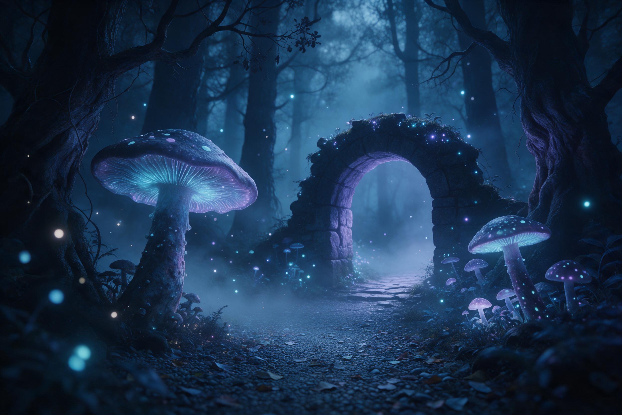 Misty moonlit forest, colossal bioluminescent mushrooms casting soft cyan and violet glow, winding gravel path leading to ancient stone archway covered in glowing moss, fireflies drifting, gentle fog rolling between towering twisted trees, cinematic composition, cool blue color palette, ethereal atm